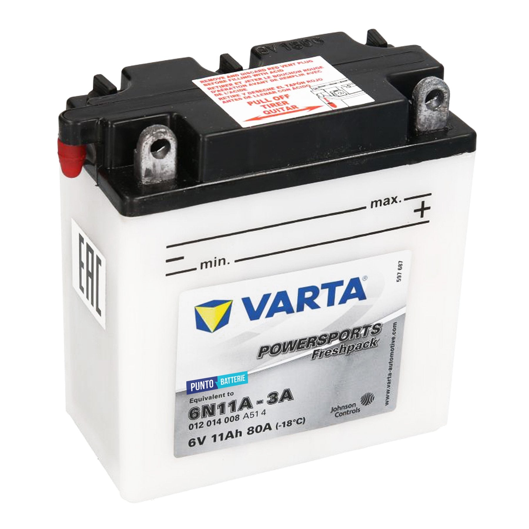 Batteria originale Varta Powersport Freshpack 6N11A-3A, dimensioni 136 x 91 x 146, polo positivo a destra, 6 volt, 11 amperora, 80 ampere. Batteria per moto, scooter e powersport.
