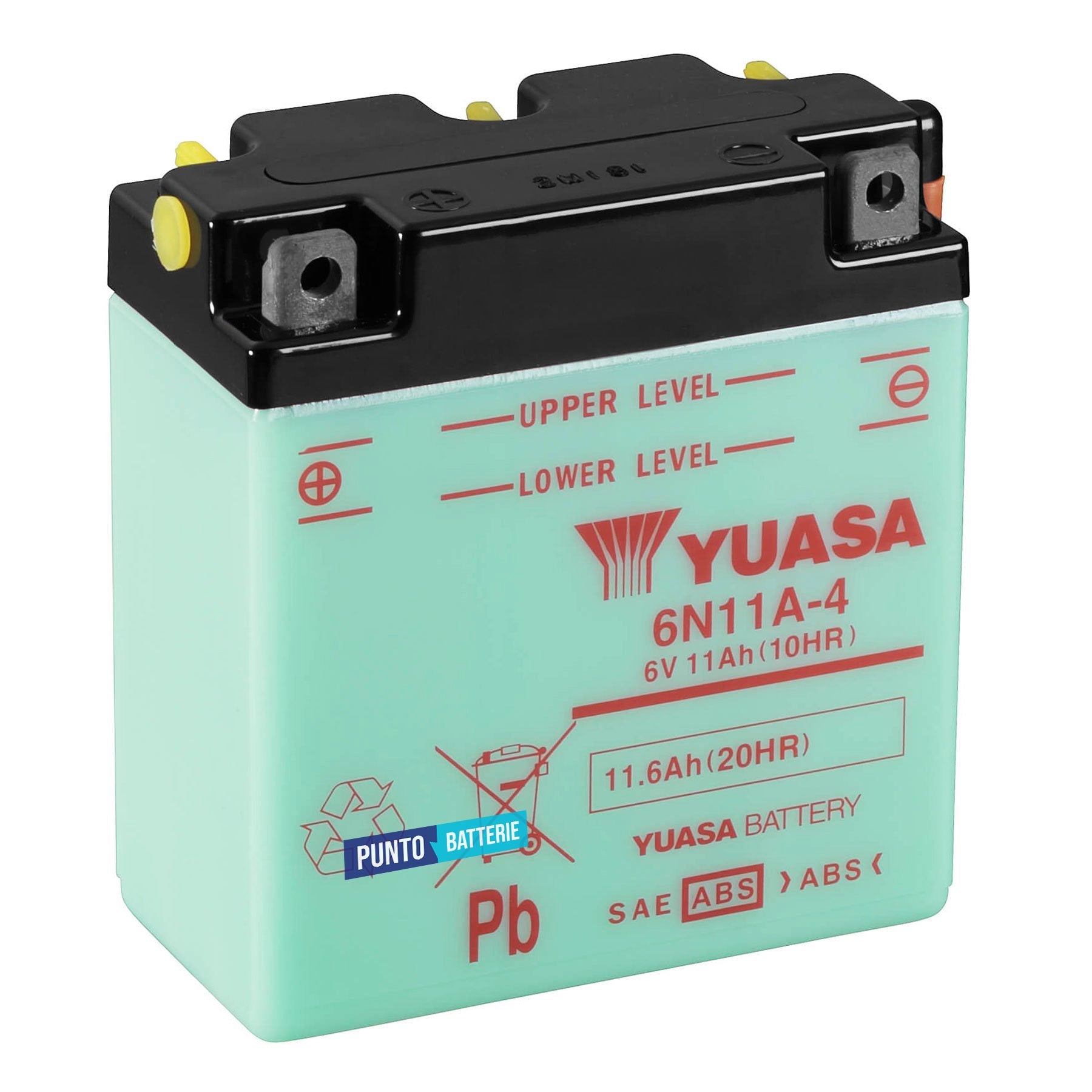Batteria originale Yuasa Conventional 6N11A-4, dimensioni 122 x 62 x 131, polo positivo a sinistra, 6 volt, 11 amperora. Batteria per moto, scooter e powersport.