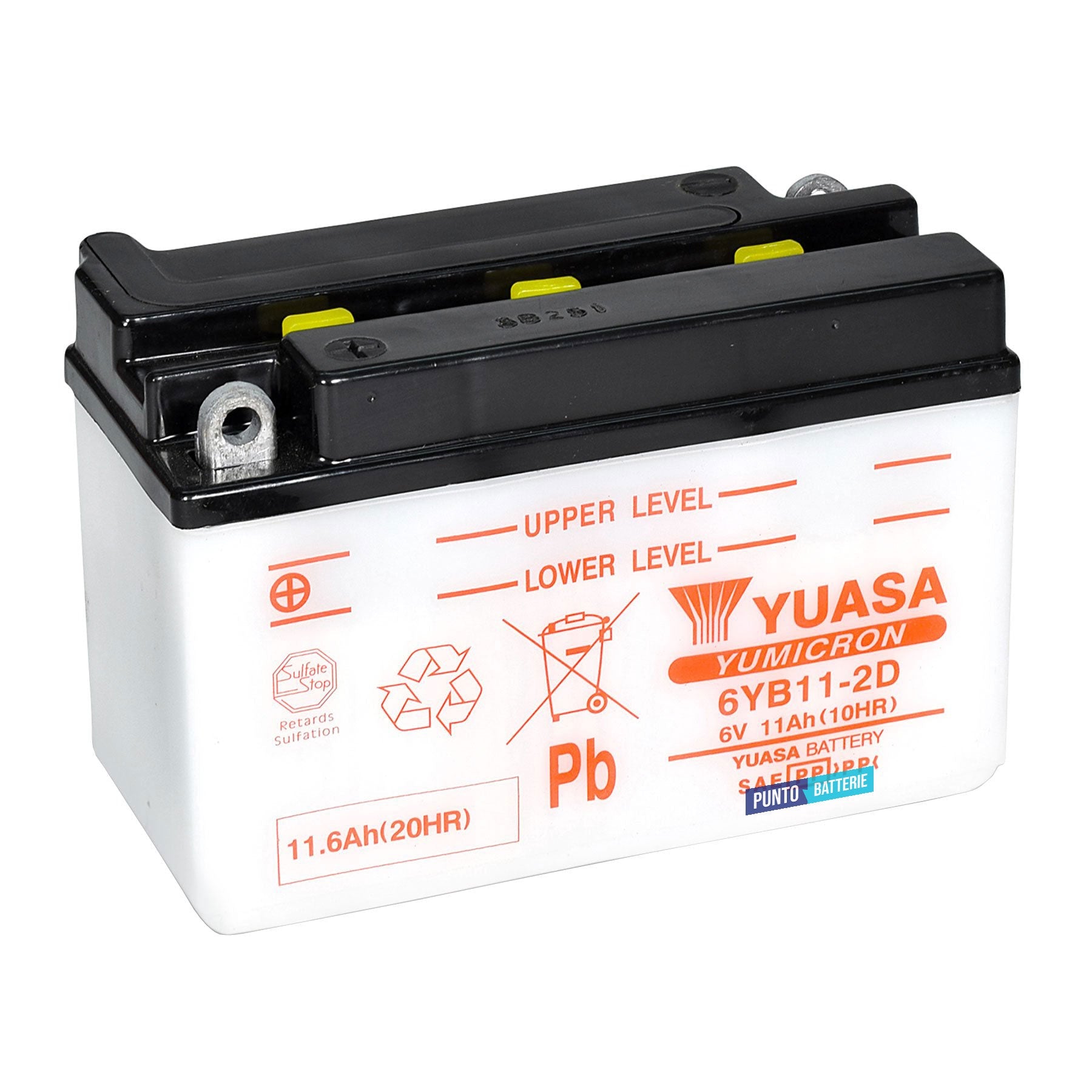 Batteria originale Yuasa Conventional 6YB11-2D, dimensioni 150 x 70 x 100, polo positivo a sinistra, 6 volt, 11 amperora. Batteria per moto, scooter e powersport.