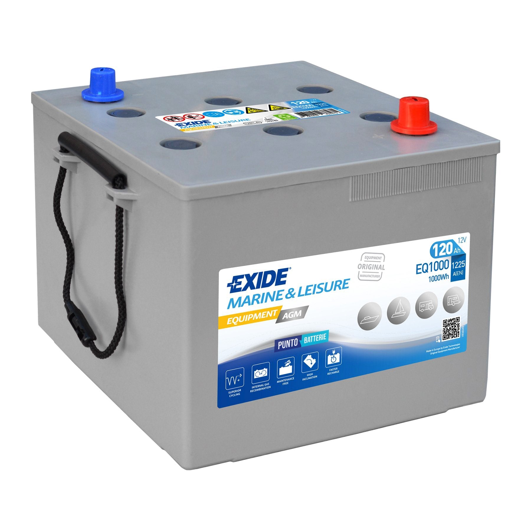 Batteria originale Exide Equipment AGM EQ1000, dimensioni 286 x 269 x 230, 12 volt, 120 amperora, AGM. Batteria per servizi di camper, barca e applicazioni a scarica lenta.