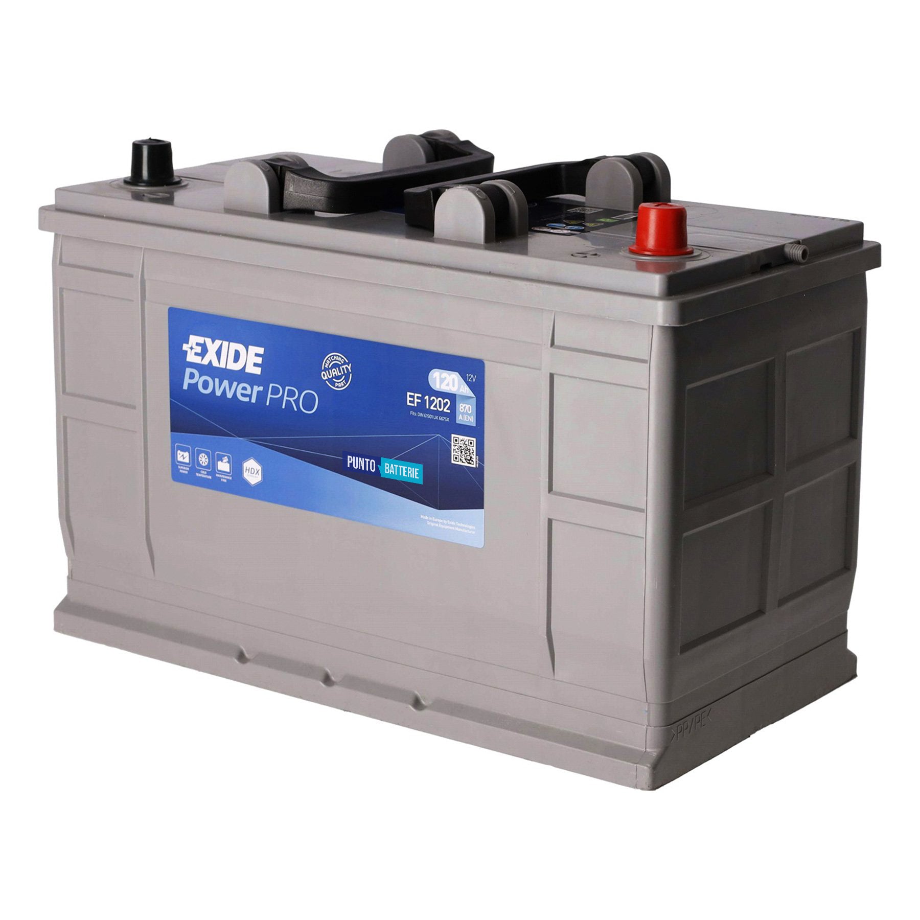 Batteria originale Exide Power PRO EF1202, dimensioni 349 x 175 x 235, polo positivo a destra, 12 volt, 120 amperora, 870 ampere. Batteria per camion e veicoli pesanti.