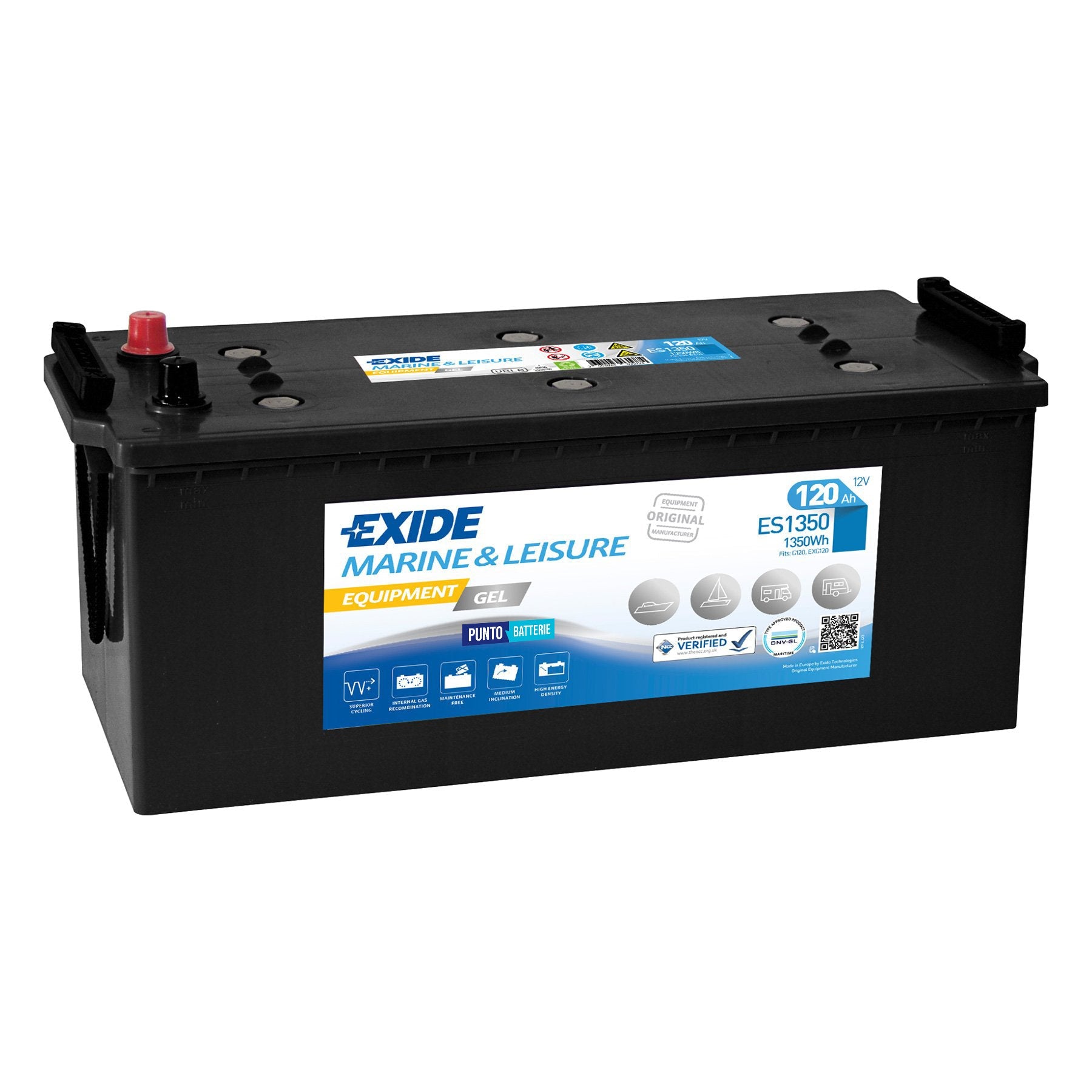 Batteria originale Exide Equipment Gel ES1350, dimensioni 513 x 171 x 283, 12 volt, 120 amperora, GEL. Batteria per servizi di camper, barca e applicazioni a scarica lenta.