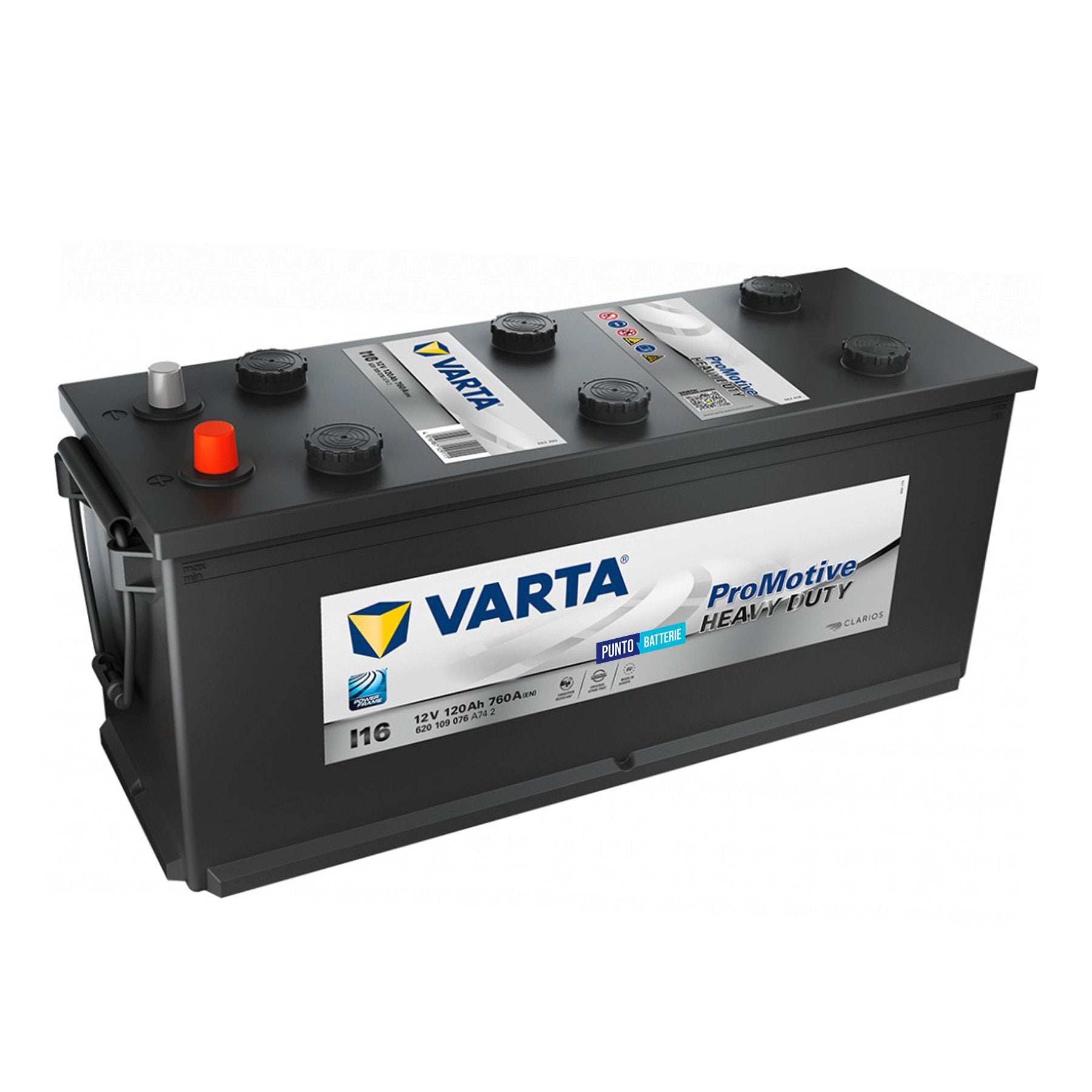 Batteria originale Varta Promotive Heavy Duty I16, dimensioni 510 x 175 x 235, polo positivo a destra, 12 volt, 120 amperora, 760 ampere. Batteria per camion e veicoli pesanti.