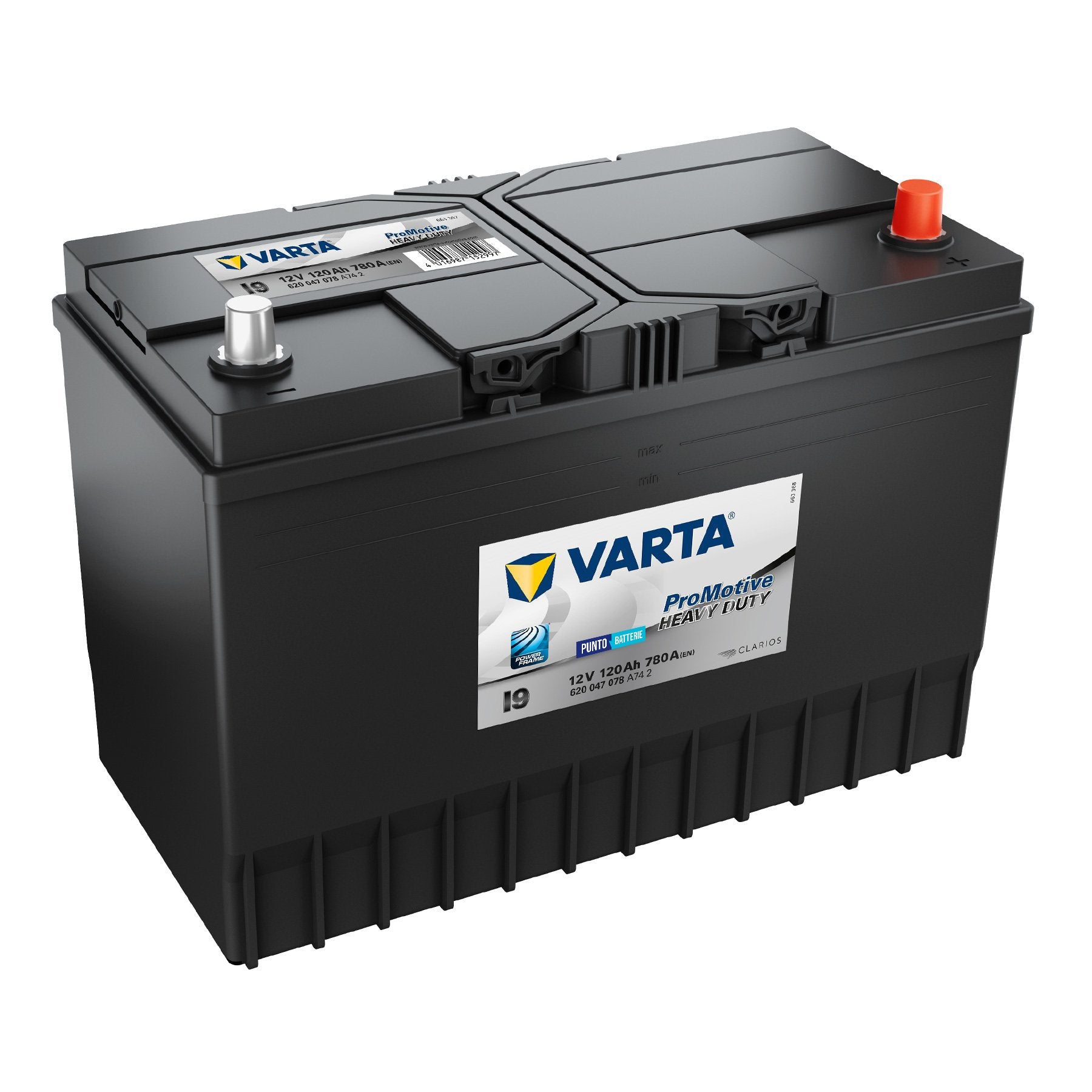 Batteria originale Varta Promotive Heavy Duty I9, dimensioni 347 x 173 x 234, polo positivo a destra, 12 volt, 120 amperora, 780 ampere. Batteria per camion e veicoli pesanti.