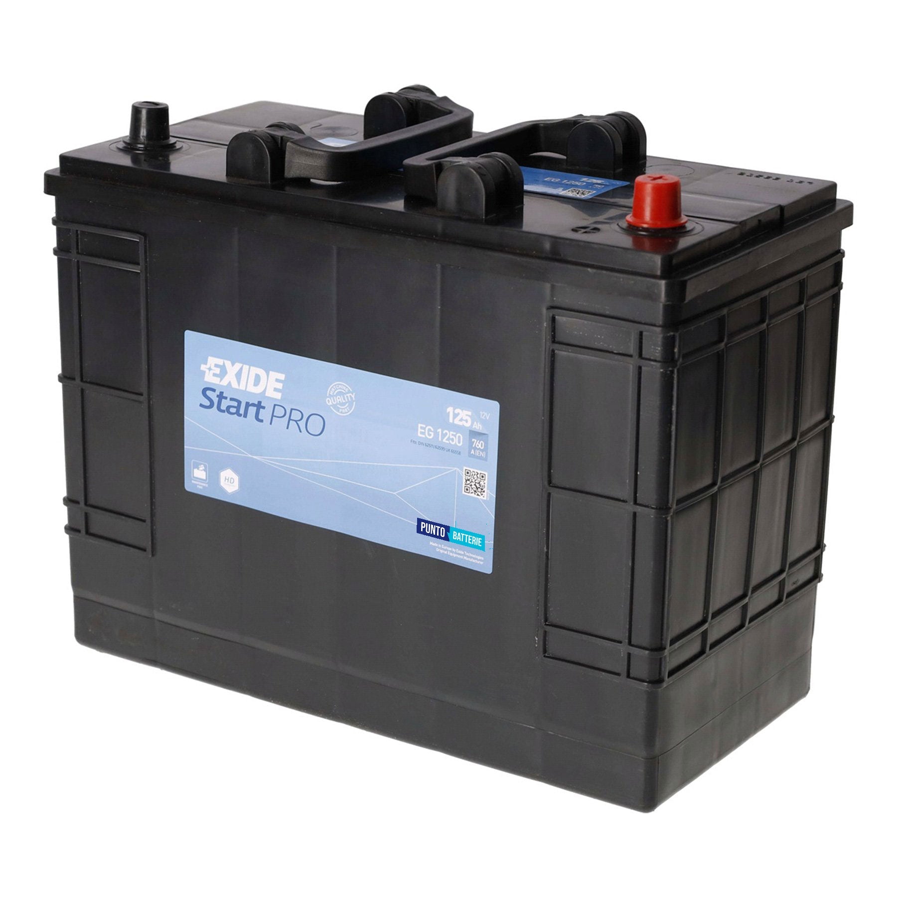 Batteria originale Exide Start PRO EG1250, dimensioni 349 x 175 x 285, polo positivo a destra, 12 volt, 125 amperora, 760 ampere. Batteria per camion e veicoli pesanti.
