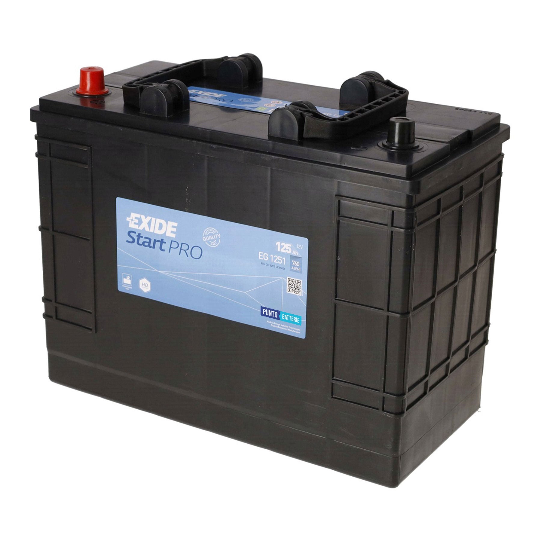 Batteria originale Exide Start PRO EG1251, dimensioni 349 x 175 x 285, polo positivo a sinistra, 12 volt, 125 amperora, 760 ampere. Batteria per camion e veicoli pesanti.
