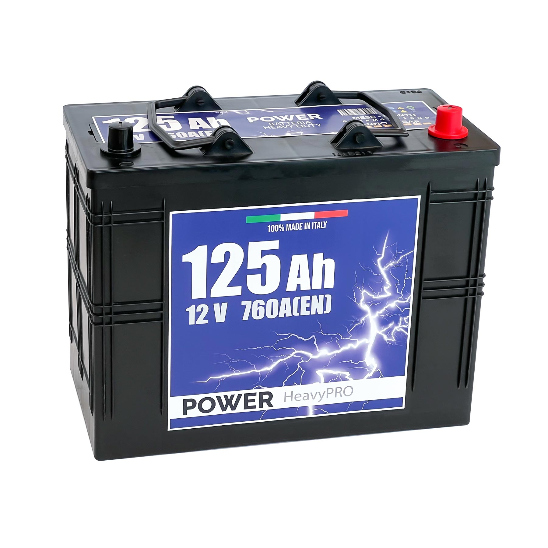 Batteria originale Power Heavy PRO PG1250, dimensioni 349 x 175 x 290, polo positivo a destra, 12 volt, 125 amperora, 760 ampere. Batteria per camion e veicoli pesanti.