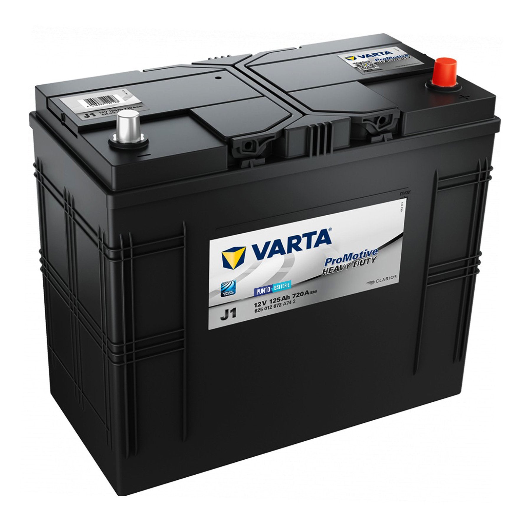 Batteria originale Varta Promotive Heavy Duty J1, dimensioni 349 x 175 x 290, polo positivo a destra, 12 volt, 125 amperora, 720 ampere. Batteria per camion e veicoli pesanti.