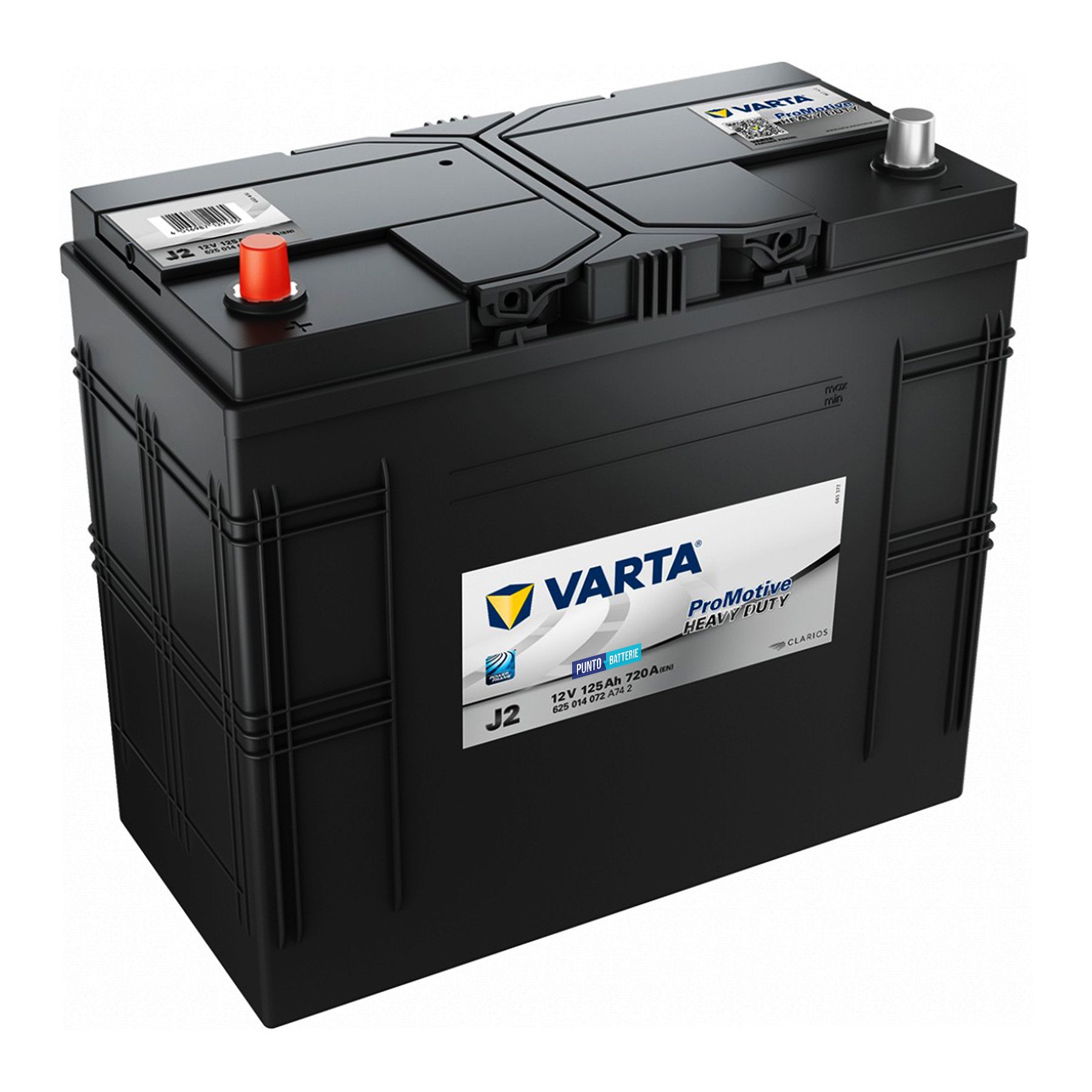 Batteria originale Varta Promotive Heavy Duty J2, dimensioni 349 x 175 x 290, polo positivo a sinistra, 12 volt, 125 amperora, 720 ampere. Batteria per camion e veicoli pesanti.