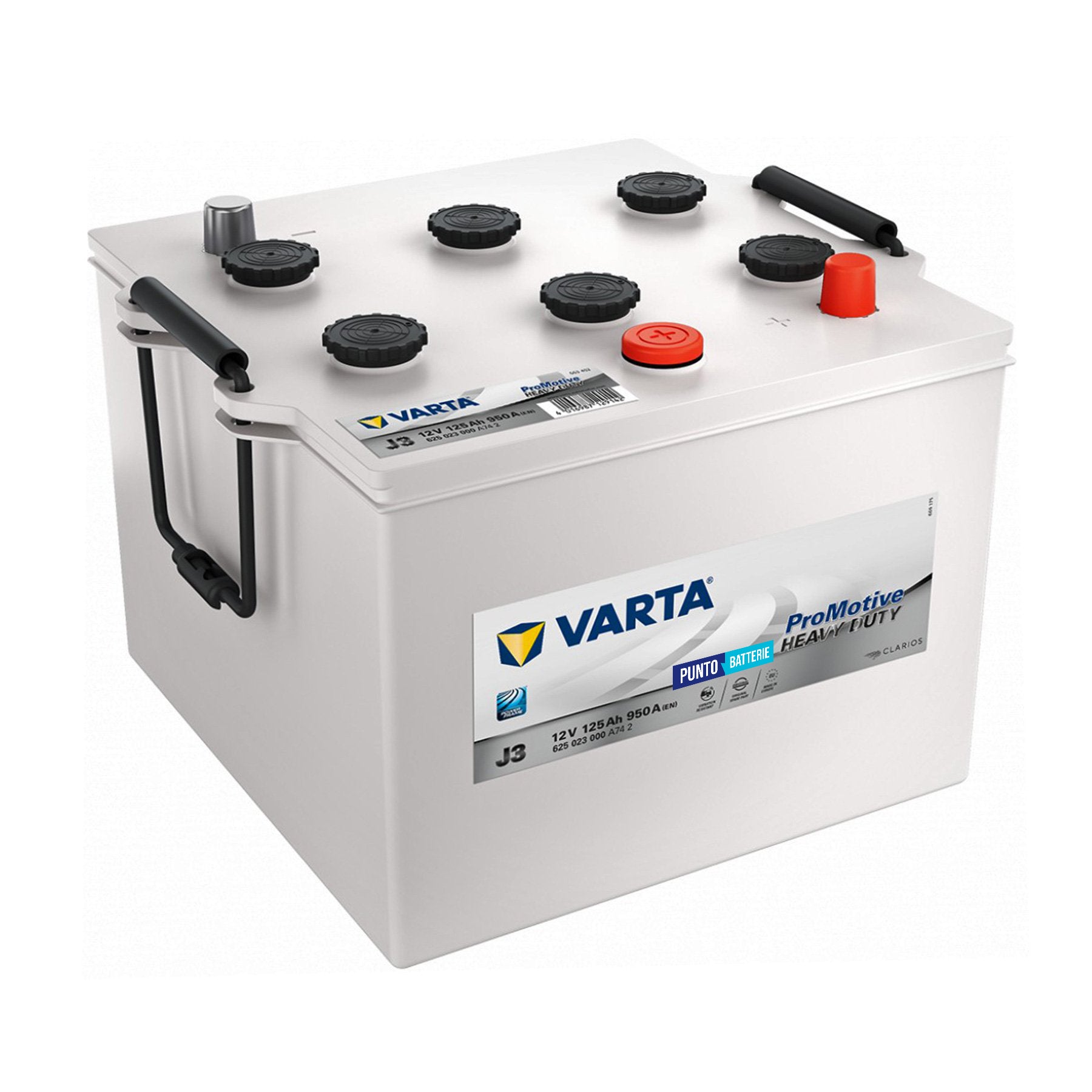 Batteria originale Varta Promotive Heavy Duty J3, dimensioni 286 x 269 x 230, polo positivo a destra, 12 volt, 125 amperora, 950 ampere. Batteria per camion e veicoli pesanti.