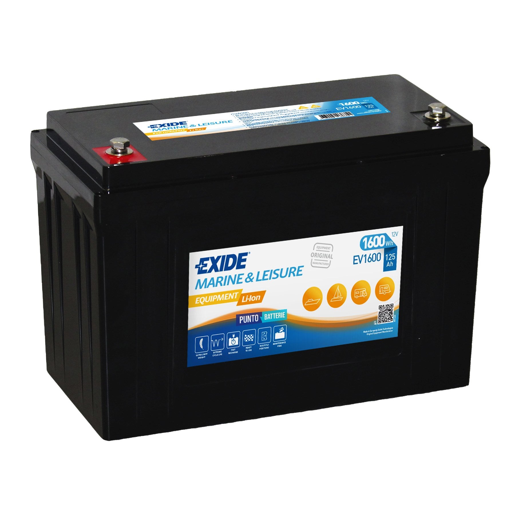 Batteria originale Exide Equipment Li-Ion EV1600, dimensioni 318 x 165 x 215, 12 volt, 125 amperora, LI-ION. Batteria per servizi di camper, barca e applicazioni a scarica lenta.
