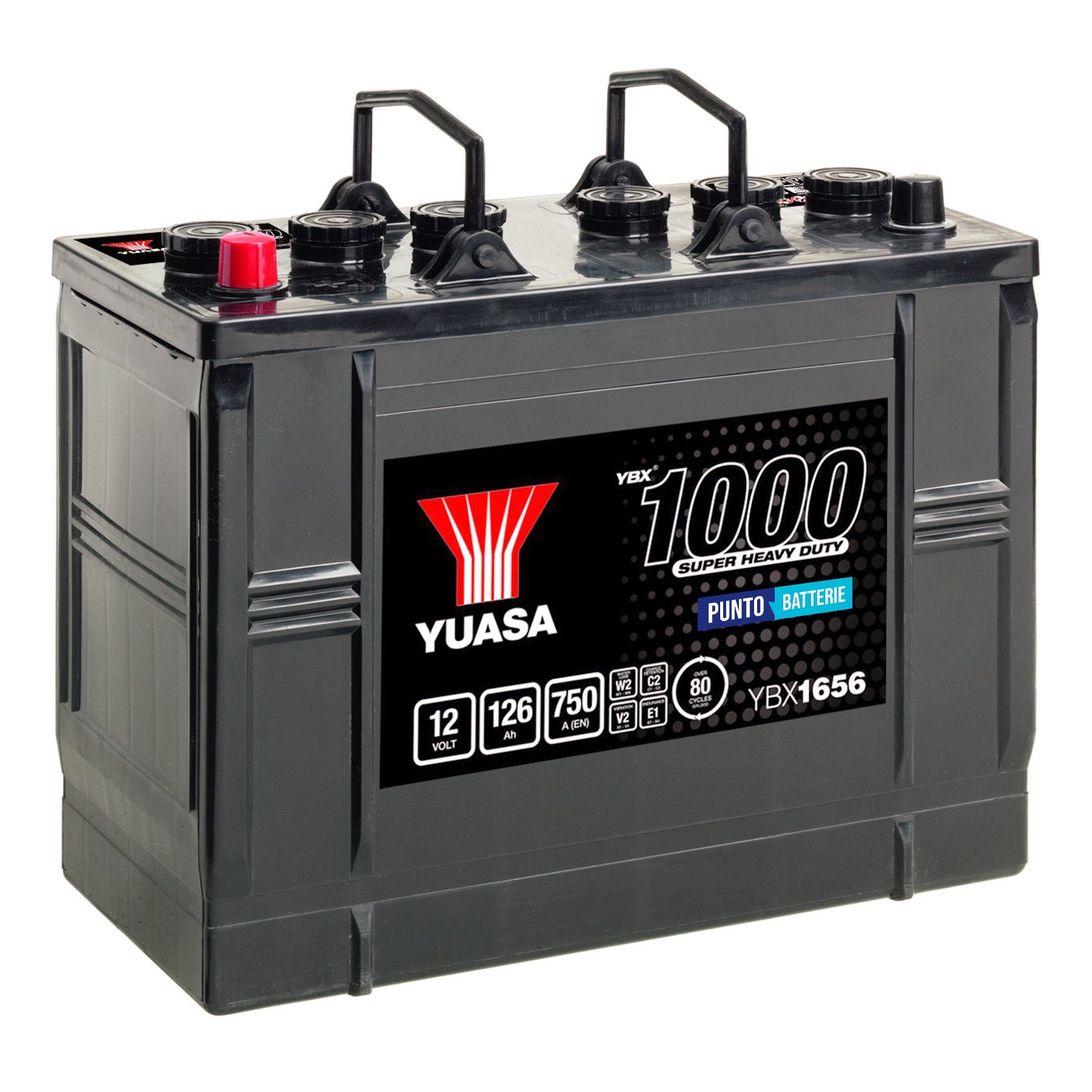 Batteria originale Yuasa YBX1000 YBX1656, dimensioni 347 x 174 x 285, polo positivo a destra, 12 volt, 126 amperora, 750 ampere. Batteria per camion e veicoli pesanti.