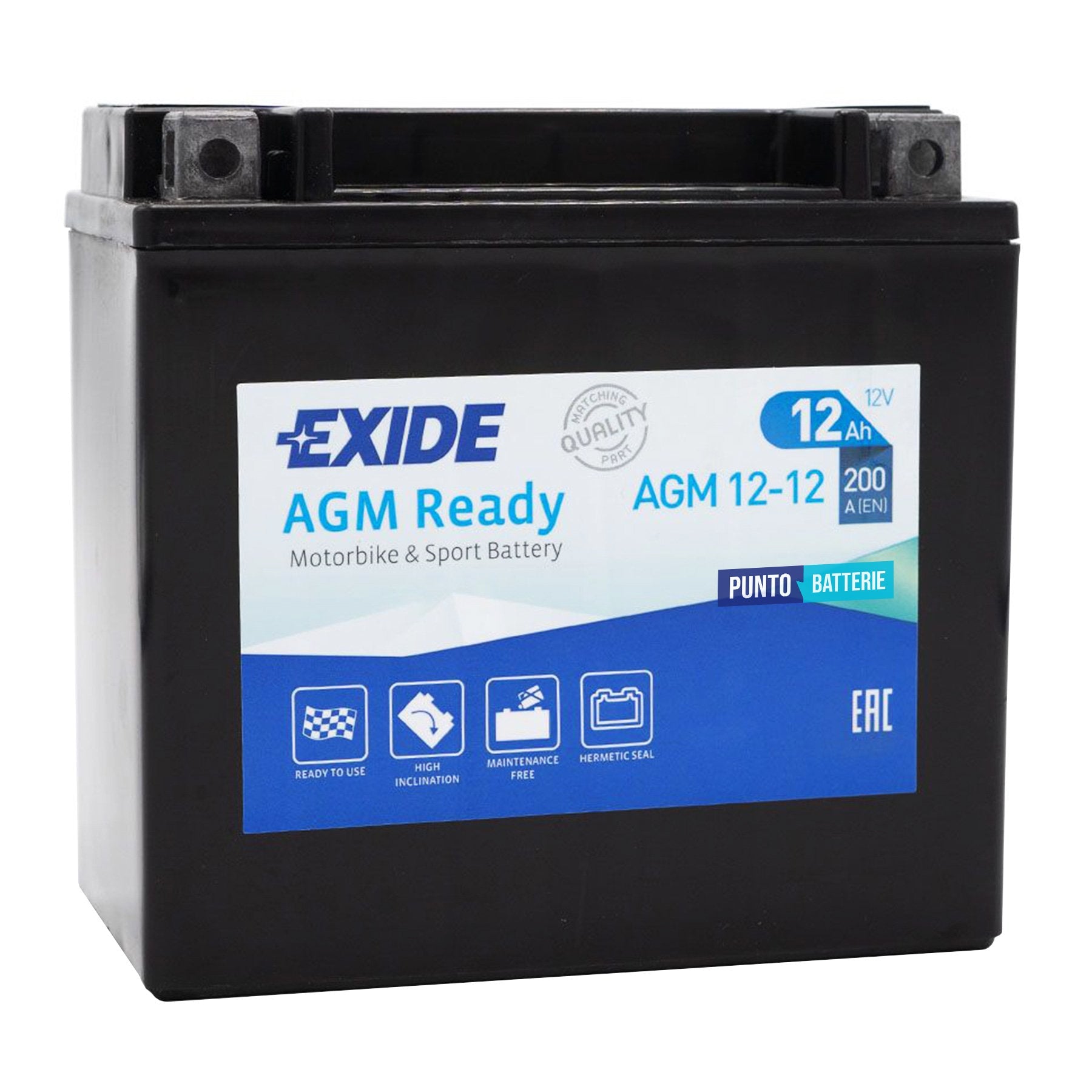 Batteria originale Exide AGM Ready AGM12-12, dimensioni 150 x 90 x 145, polo positivo a sinistra, 12 volt, 12 amperora, 200 ampere. Batteria per moto, scooter e powersport.