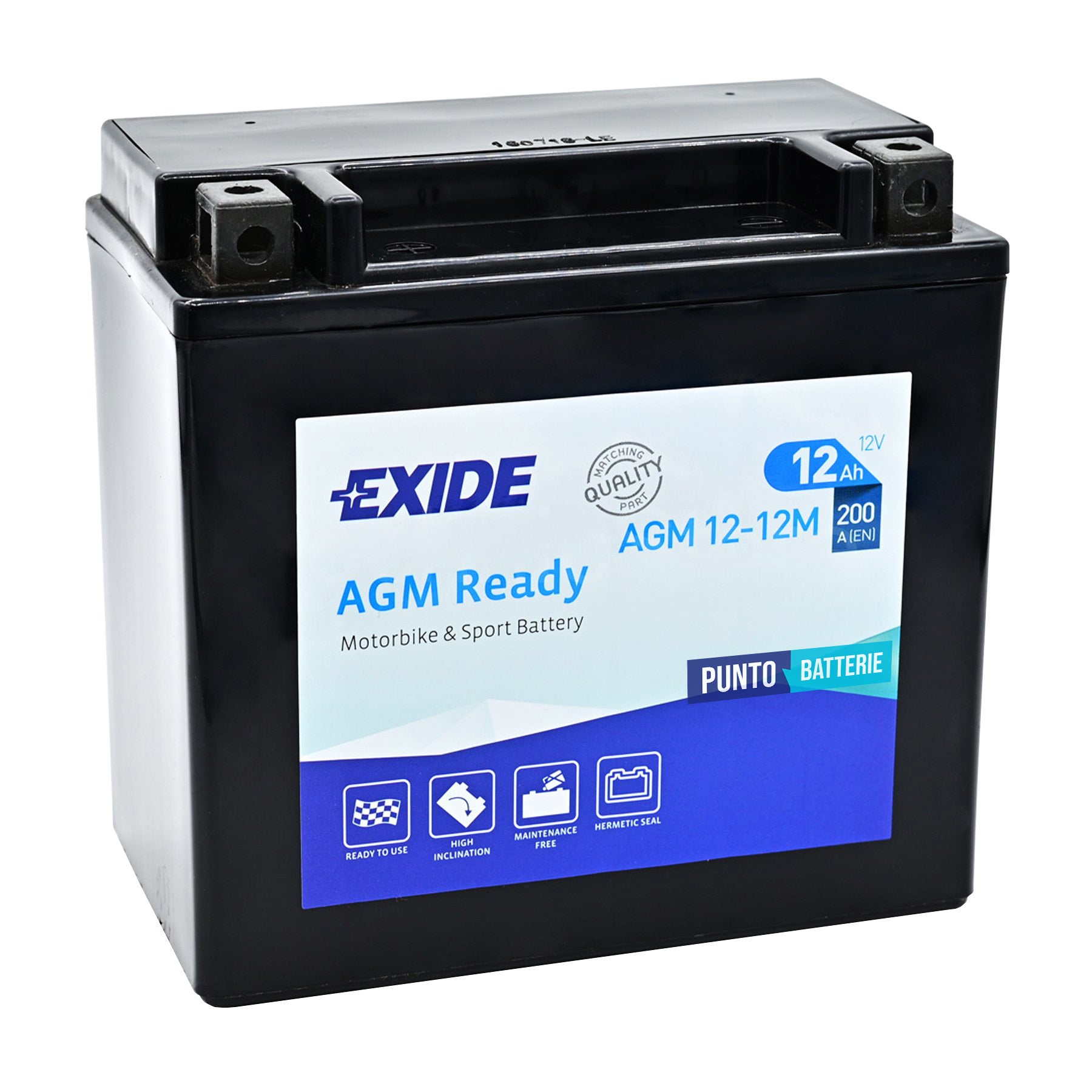 Batteria originale Exide AGM Ready AGM12-12M, dimensioni 150 x 90 x 145, polo positivo a sinistra, 12 volt, 12 amperora, 200 ampere. Batteria per moto, scooter e powersport.