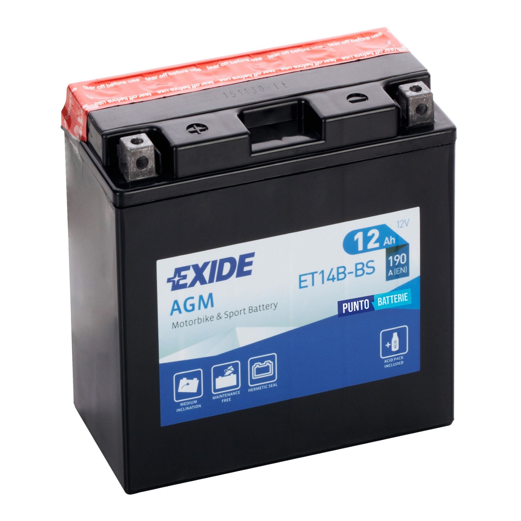Batteria originale Exide AGM ET14B-BS, dimensioni 150 x 70 x 145, polo positivo a sinistra, 12 volt, 12 amperora, 190 ampere. Batteria per moto, scooter e powersport.
