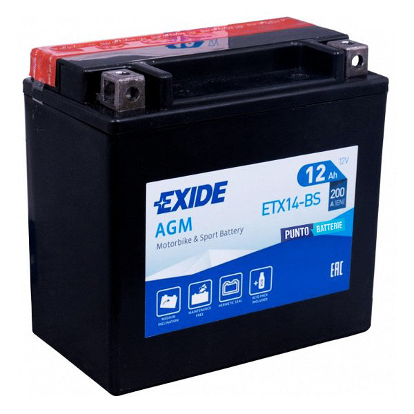 Batteria originale Exide AGM ETX14-BS, dimensioni 150 x 90 x 145, polo positivo a sinistra, 12 volt, 12 amperora, 200 ampere. Batteria per moto, scooter e powersport.