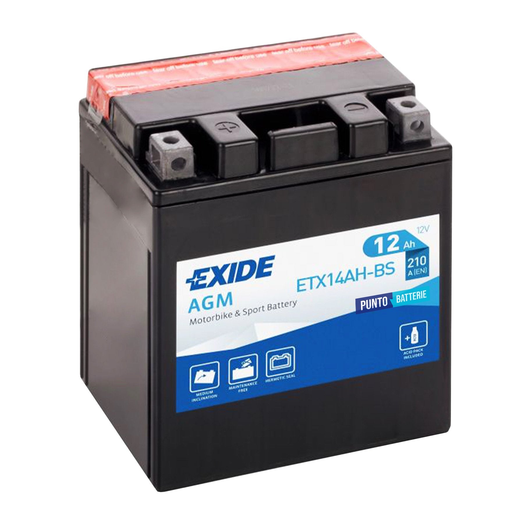 Batteria originale Exide AGM ETX14AH-BS, dimensioni 134 x 89 x 164, polo positivo a sinistra, 12 volt, 12 amperora, 210 ampere. Batteria per moto, scooter e powersport.