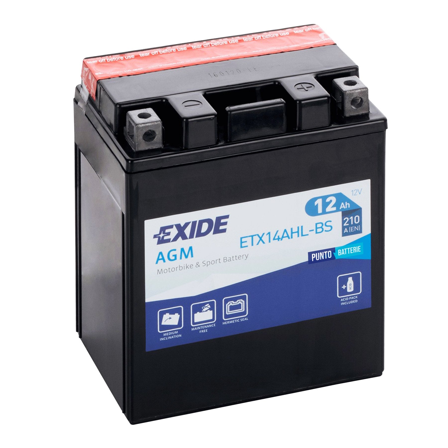 Batteria originale Exide AGM ETX14AHL-BS, dimensioni 134 x 89 x 164, polo positivo a destra, 12 volt, 12 amperora, 210 ampere. Batteria per moto, scooter e powersport.