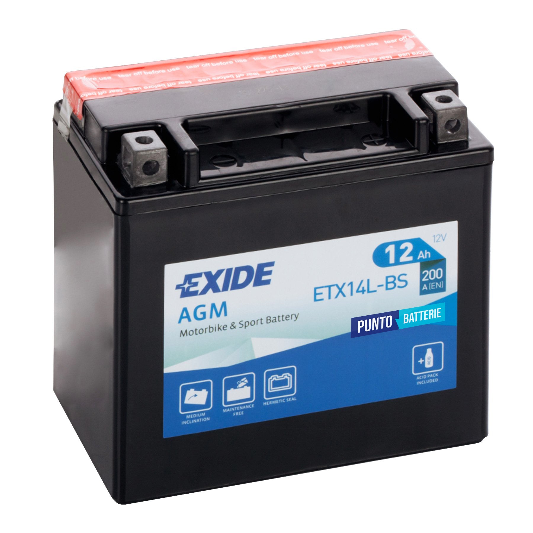 Batteria originale Exide AGM ETX14L-BS, dimensioni 150 x 90 x 145, polo positivo a destra, 12 volt, 12 amperora, 200 ampere. Batteria per moto, scooter e powersport.
