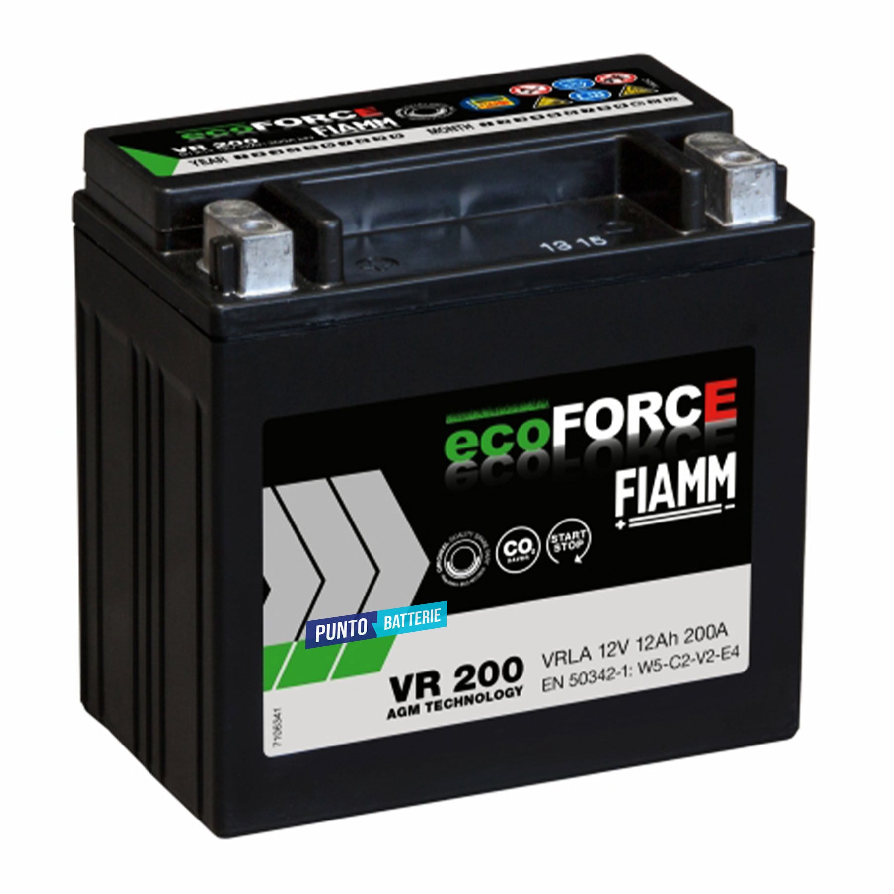 Batteria originale Fiamm EcoFORCE AGM VR 200, dimensioni 150 x 87 x 145, polo positivo a sinistra, 12 volt, 12 amperora, 200 ampere, AGM. Batteria ausiliaria per auto e veicoli leggeri con start e stop.