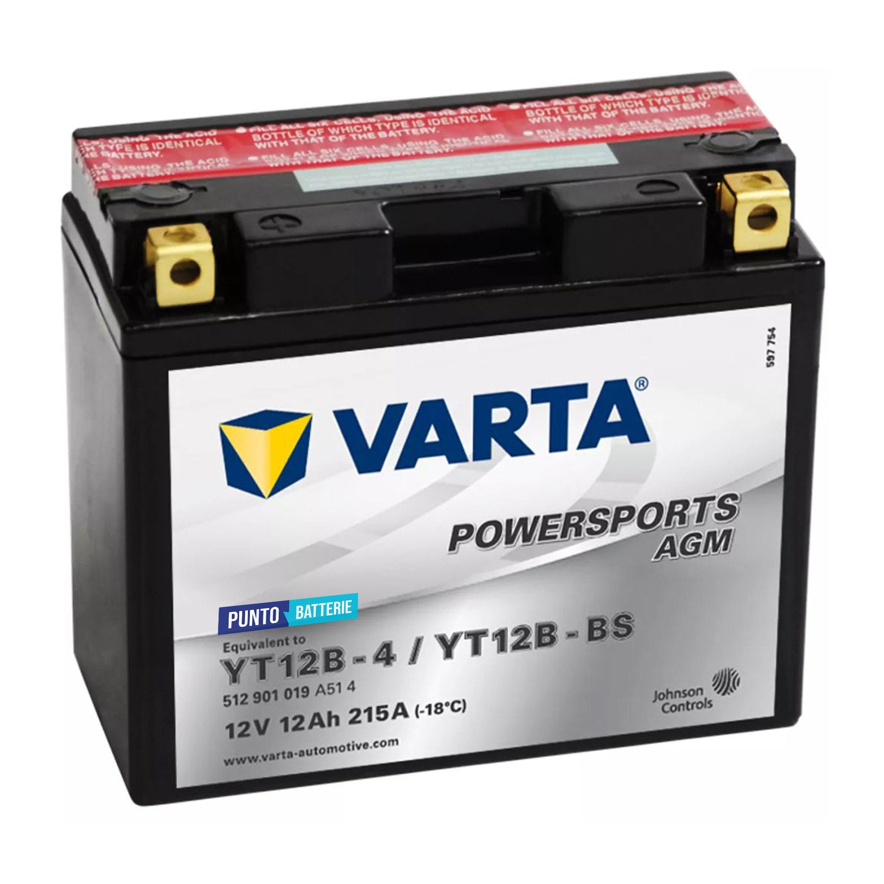Batteria originale Varta Powersport AGM YT12B-4, dimensioni 150 x 87 x 93, polo positivo a sinistra, 12 volt, 12 amperora, 215 ampere. Batteria per moto, scooter e powersport.