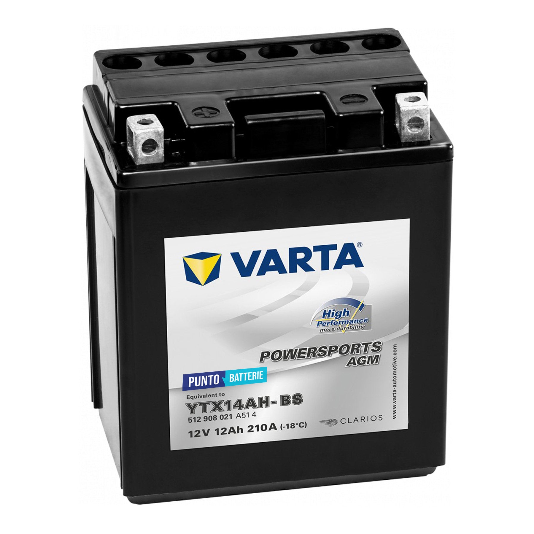 Batteria originale Varta Powersport AGM High Performance YTX14AH-BS, dimensioni 150 x 87 x 130, polo positivo a sinistra, 12 volt, 12 amperora, 210 ampere. Batteria per moto, scooter e powersport.