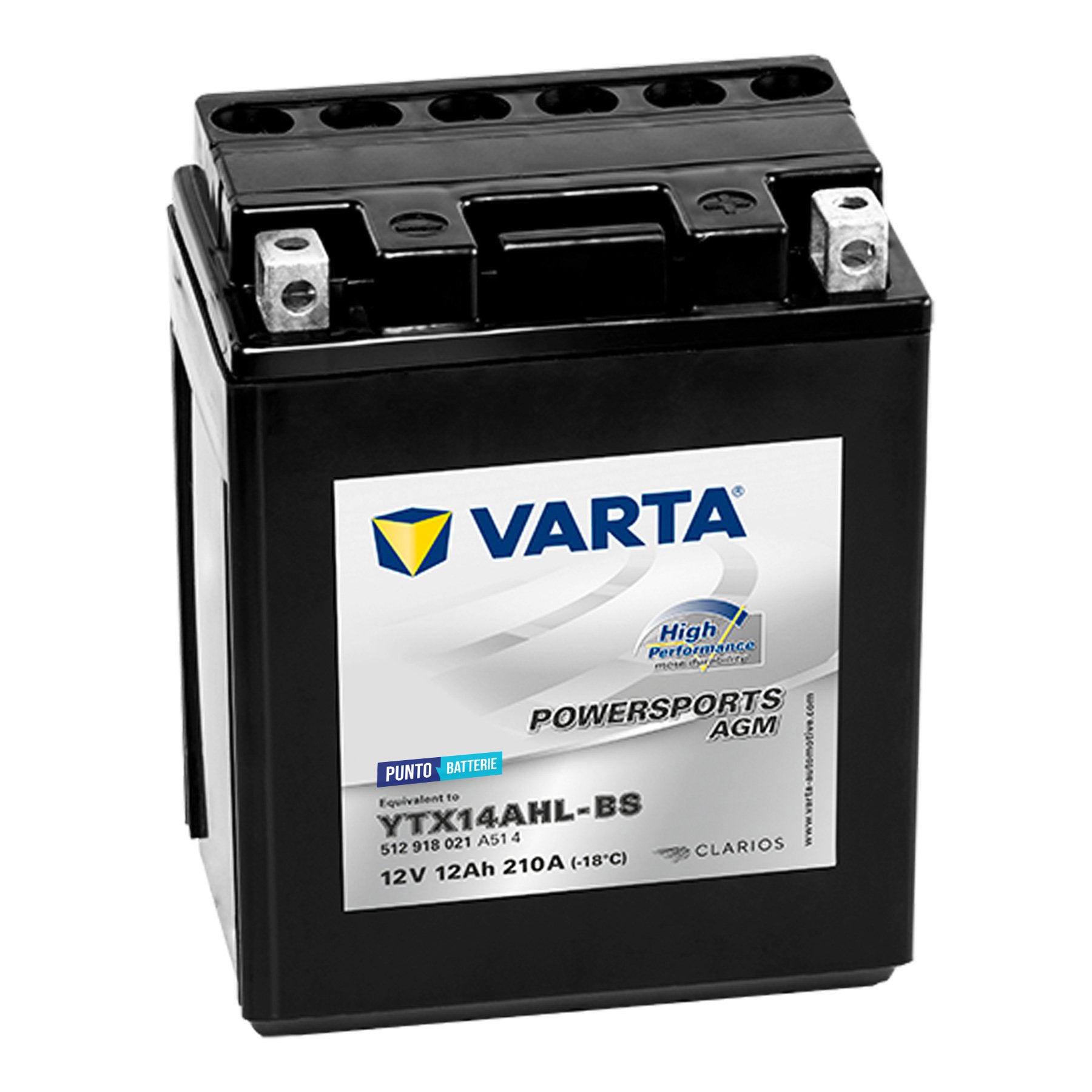Batteria originale Varta Powersport AGM High Performance YTX14AHL-BS, dimensioni 166 x 127 x 175, polo positivo a destra, 12 volt, 12 amperora, 210 ampere. Batteria per moto, scooter e powersport.