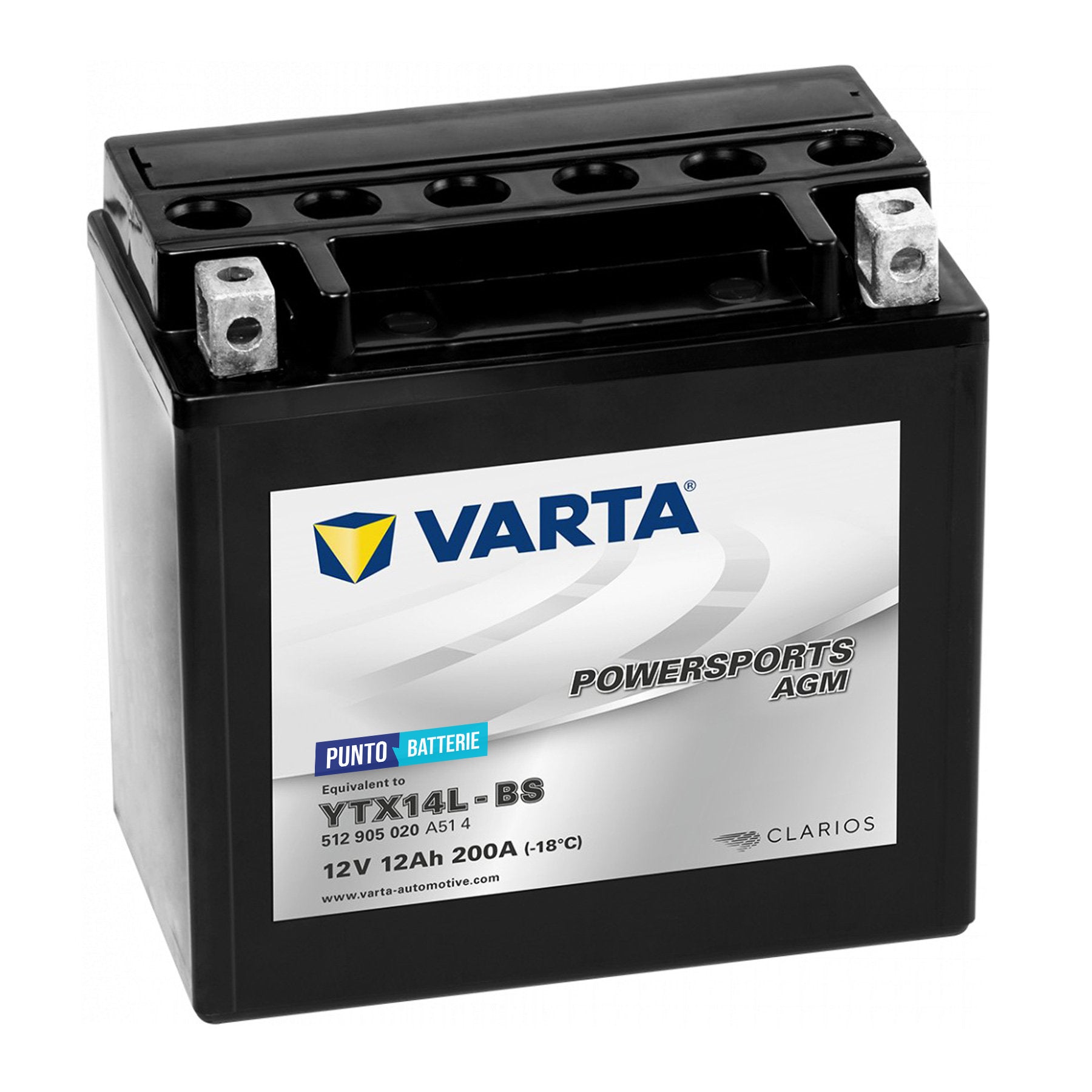 Batteria originale Varta Powersport AGM High Performance YTX14L-BS, dimensioni 166 x 127 x 175, polo positivo a destra, 12 volt, 12 amperora, 200 ampere. Batteria per moto, scooter e powersport.