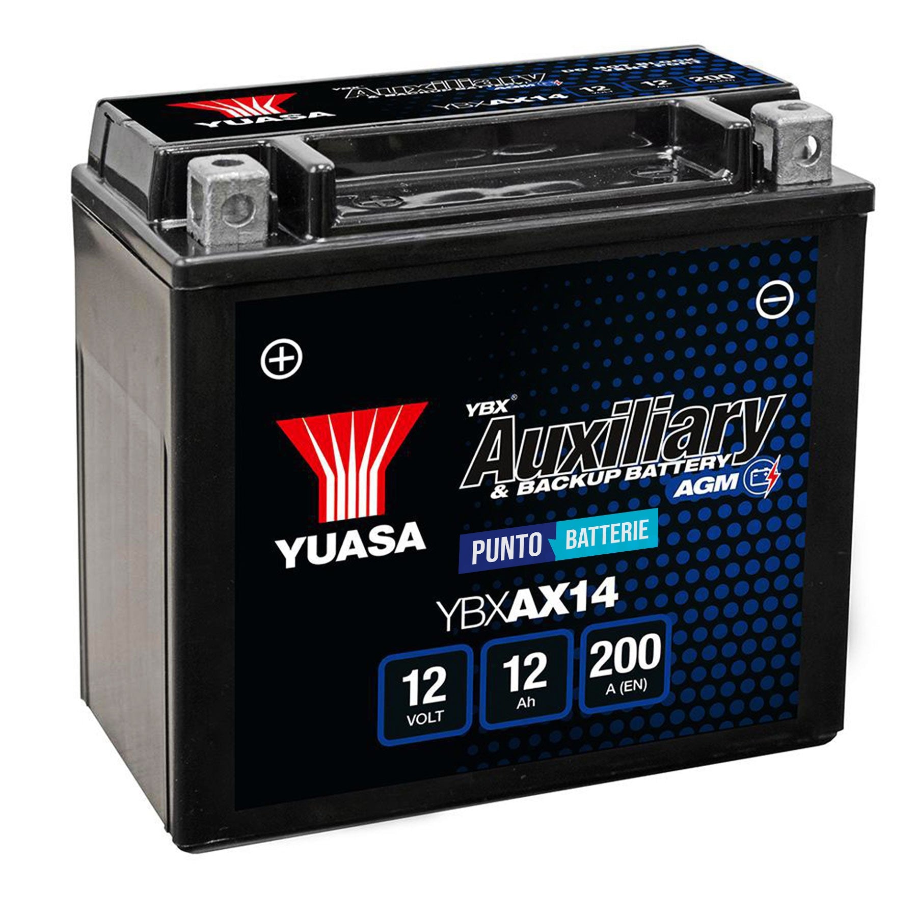 Batteria originale Yuasa Ausiliarie e Backup YBXAX14, dimensioni 150 x 87 x 145, polo positivo a sinistra, 12 volt, 12 amperora, 200 ampere, AGM. Batteria ausiliaria per auto e veicoli leggeri con start e stop.