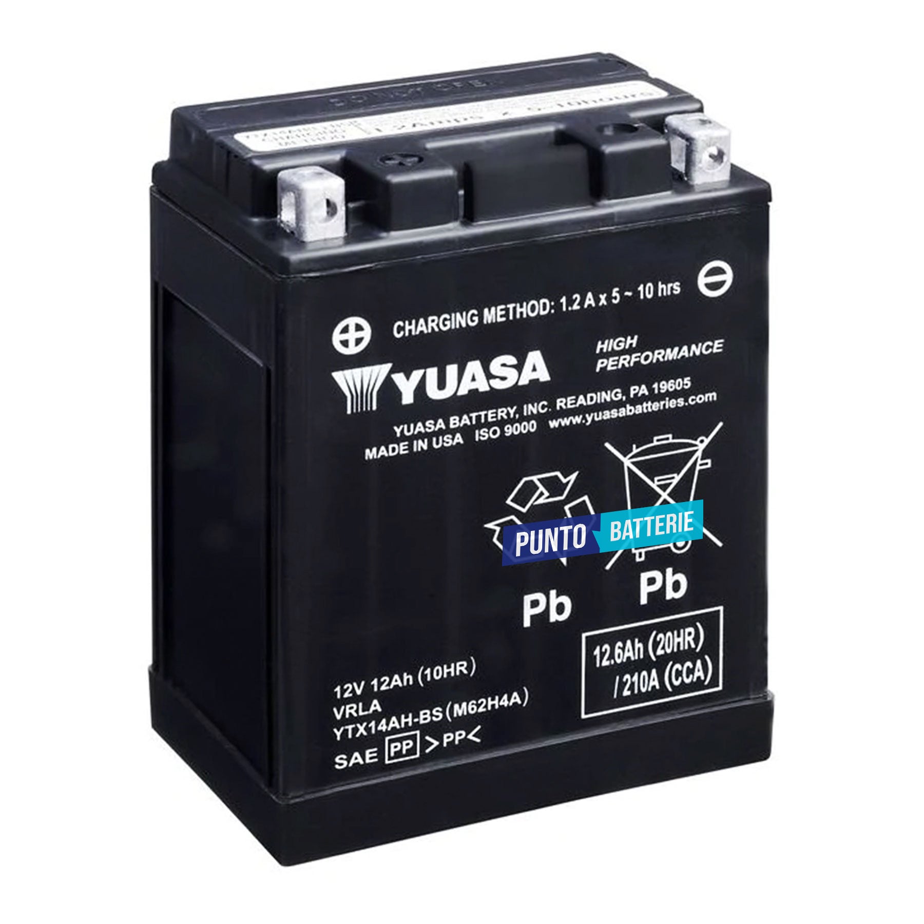 Batteria originale Yuasa YTX High Performance YTX14AH-BS, dimensioni 134 x 89 x 166, polo positivo a sinistra, 12 volt, 12 amperora, 210 ampere. Batteria per moto, scooter e powersport.