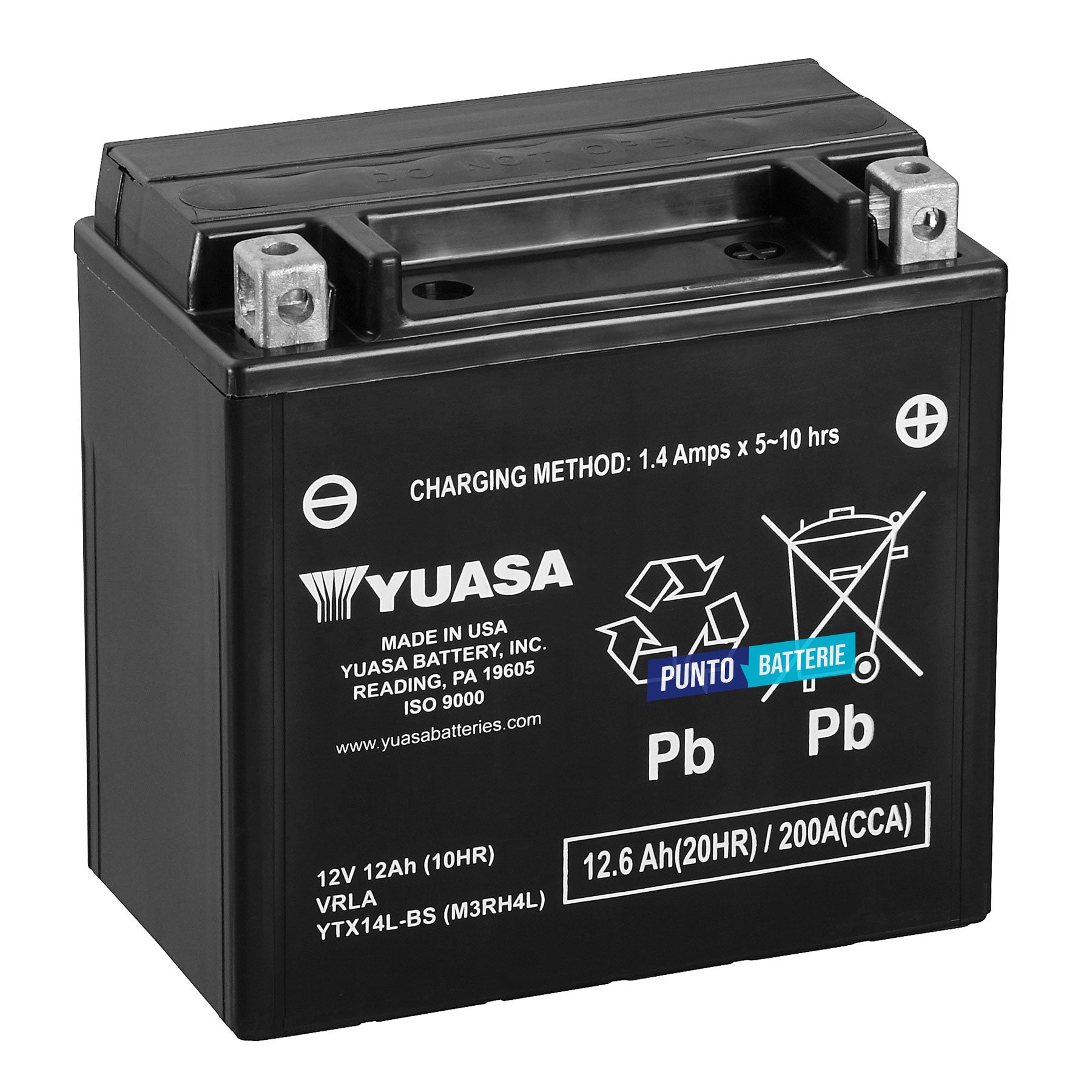 Batteria originale Yuasa YTX YTX14L-BS, dimensioni 150 x 87 x 145, polo positivo a destra, 12 volt, 12 amperora, 200 ampere. Batteria per moto, scooter e powersport.