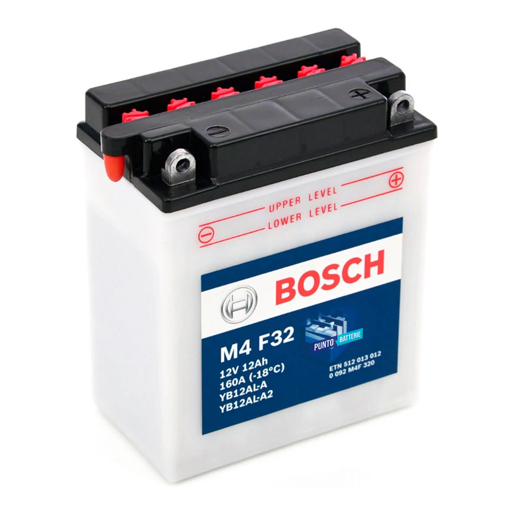 Batteria originale Bosch M4 M4F32, dimensioni 135 x 75 x 133, polo positivo a destra, 12 volt, 12 amperora, 160 ampere. Batteria per moto, scooter e powersport.