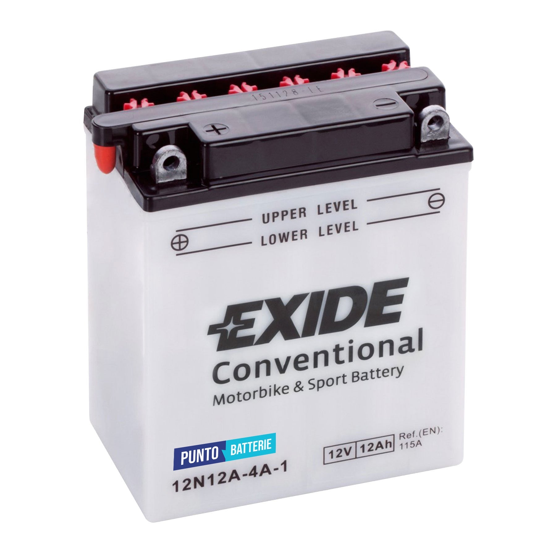 Batteria originale Exide Conventional 12N12A-4A-1, dimensioni 134 x 80 x 160, polo positivo a sinistra, 12 volt, 12 amperora, 115 ampere. Batteria per moto, scooter e powersport.
