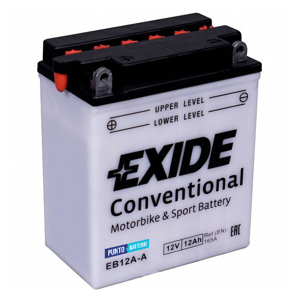 Batteria originale Exide Conventional EB12A-A, dimensioni 135 x 80 x 160, polo positivo a sinistra, 12 volt, 12 amperora, 165 ampere. Batteria per moto, scooter e powersport.