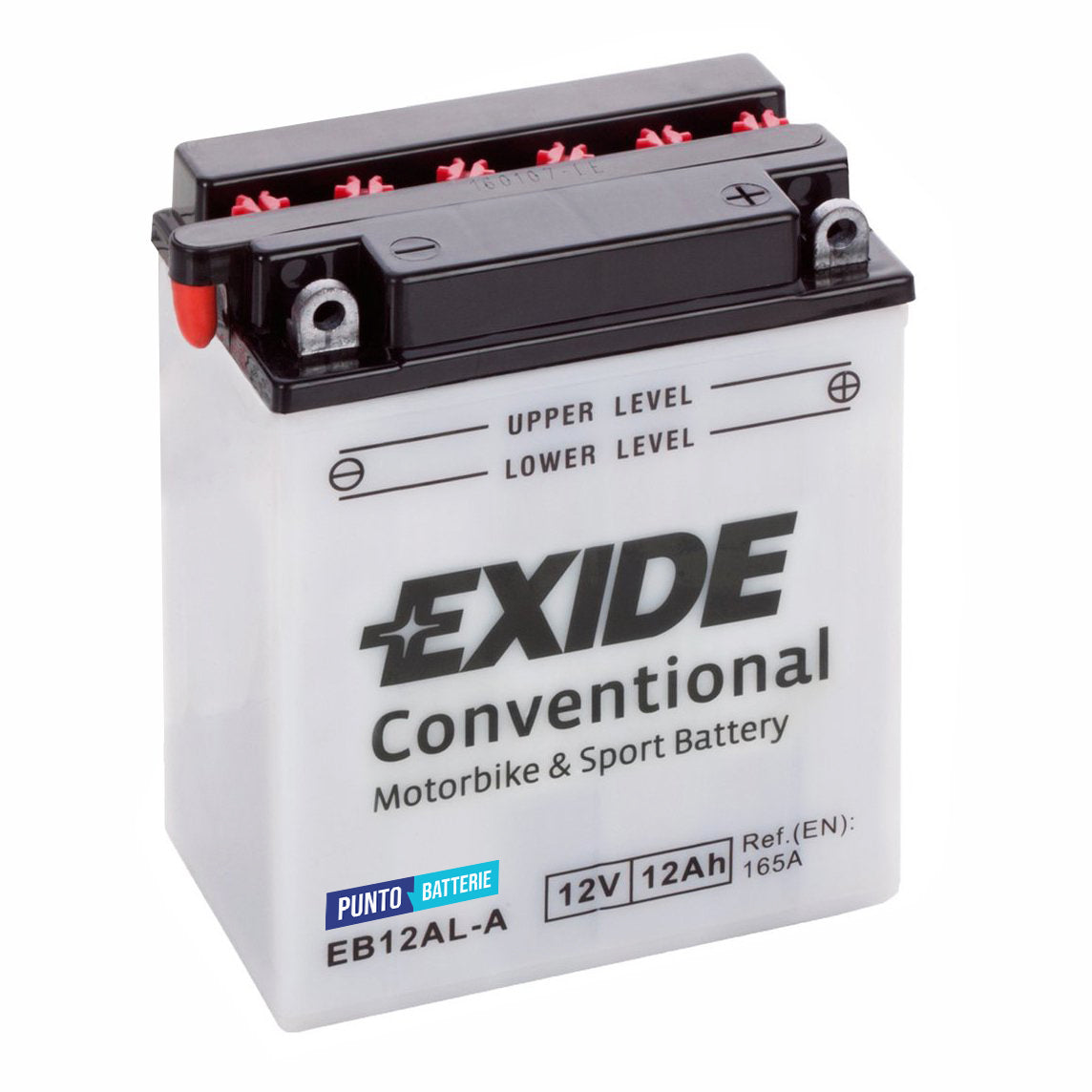 Batteria originale Exide Conventional EB12AL-A, dimensioni 135 x 80 x 160, polo positivo a destra, 12 volt, 12 amperora, 165 ampere. Batteria per moto, scooter e powersport.