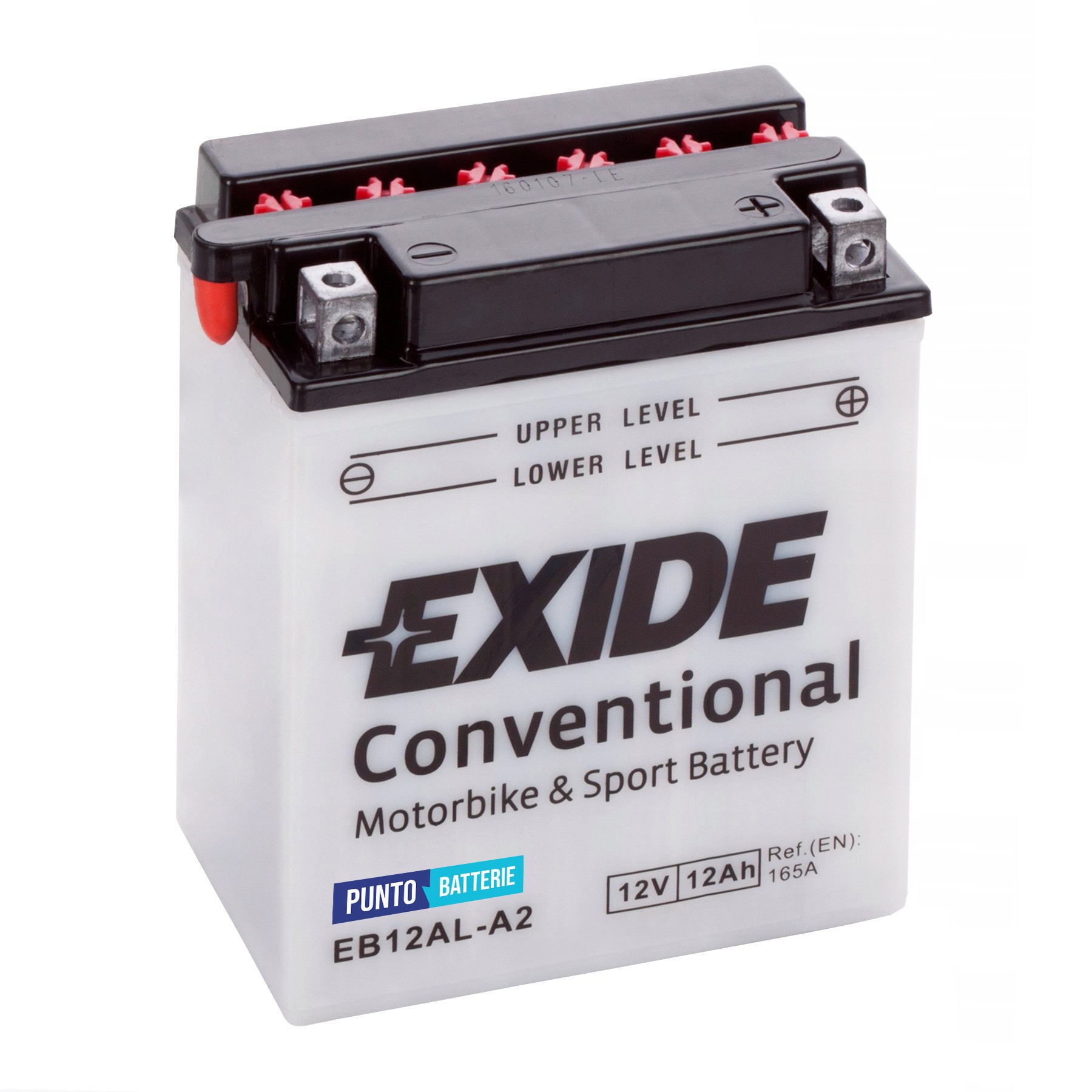 Batteria originale Exide Conventional EB12AL-A2, dimensioni 134 x 80 x 160, polo positivo a destra, 12 volt, 12 amperora, 165 ampere. Batteria per moto, scooter e powersport.