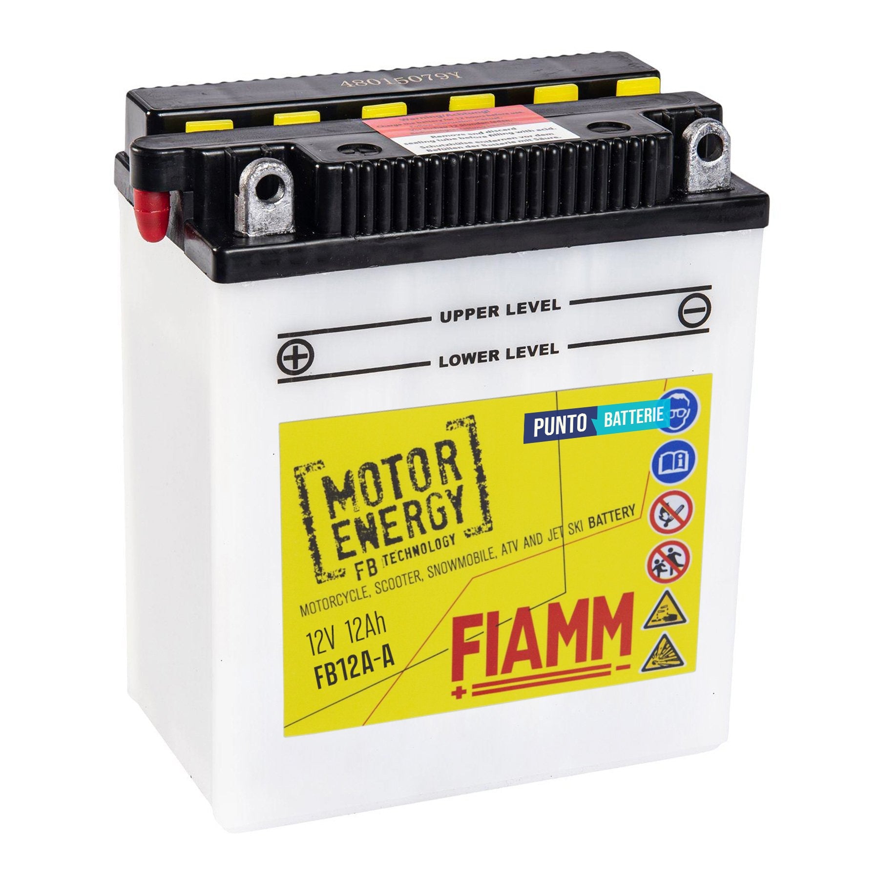 Batteria originale Fiamm Motor Energy FB FB12A-A, dimensioni 134 x 80 x 160, polo positivo a sinistra, 12 volt, 12 amperora, 160 ampere. Batteria per moto, scooter e powersport.