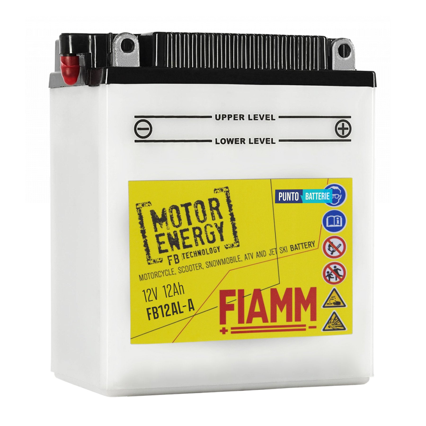 Batteria originale Fiamm Motor Energy FB FB12AL-A, dimensioni 134 x 80 x 160, polo positivo a destra, 12 volt, 12 amperora, 160 ampere. Batteria per moto, scooter e powersport.