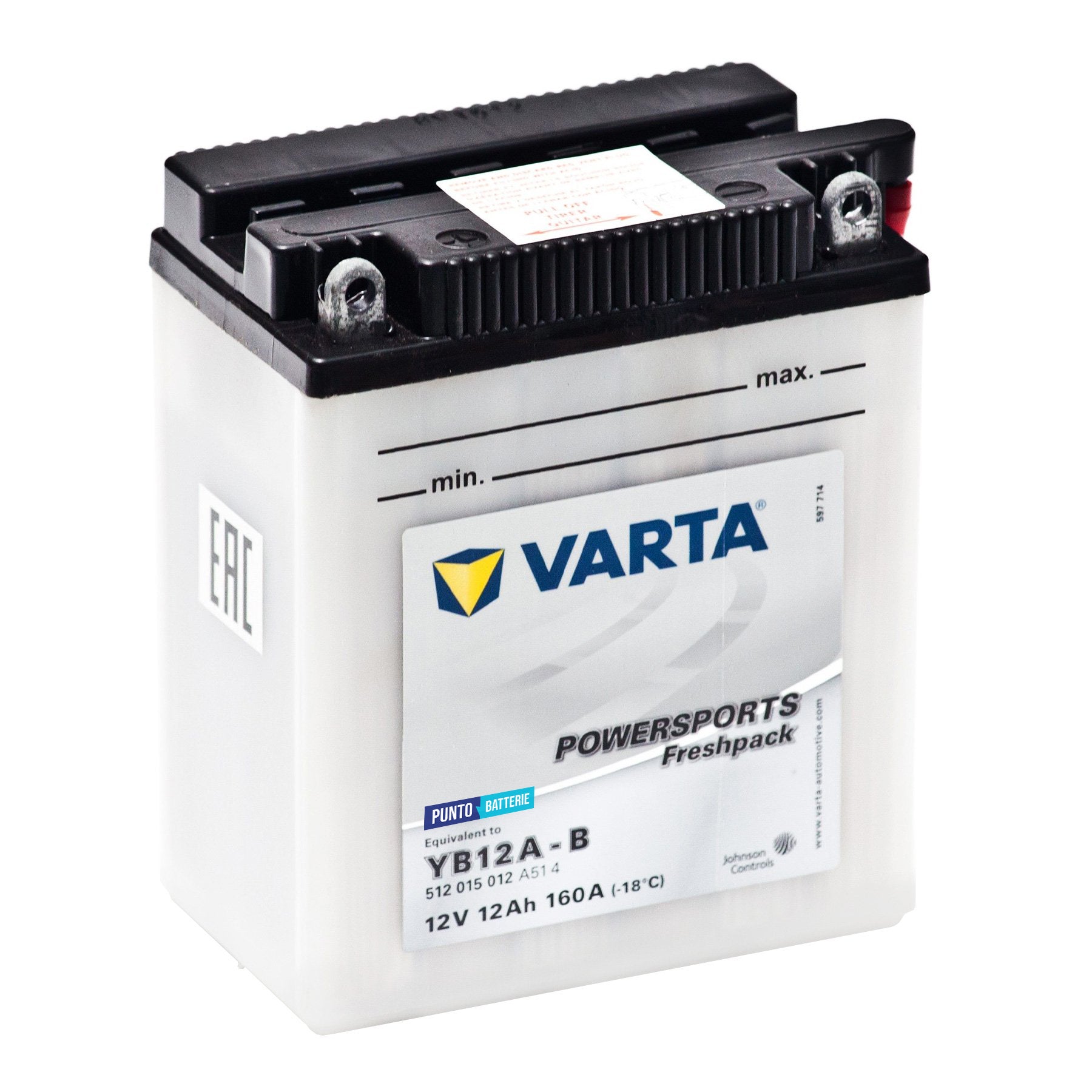Batteria originale Varta Powersport Freshpack YB12A-B, dimensioni 136 x 91 x 146, polo positivo a sinistra, 12 volt, 12 amperora, 160 ampere. Batteria per moto, scooter e powersport.