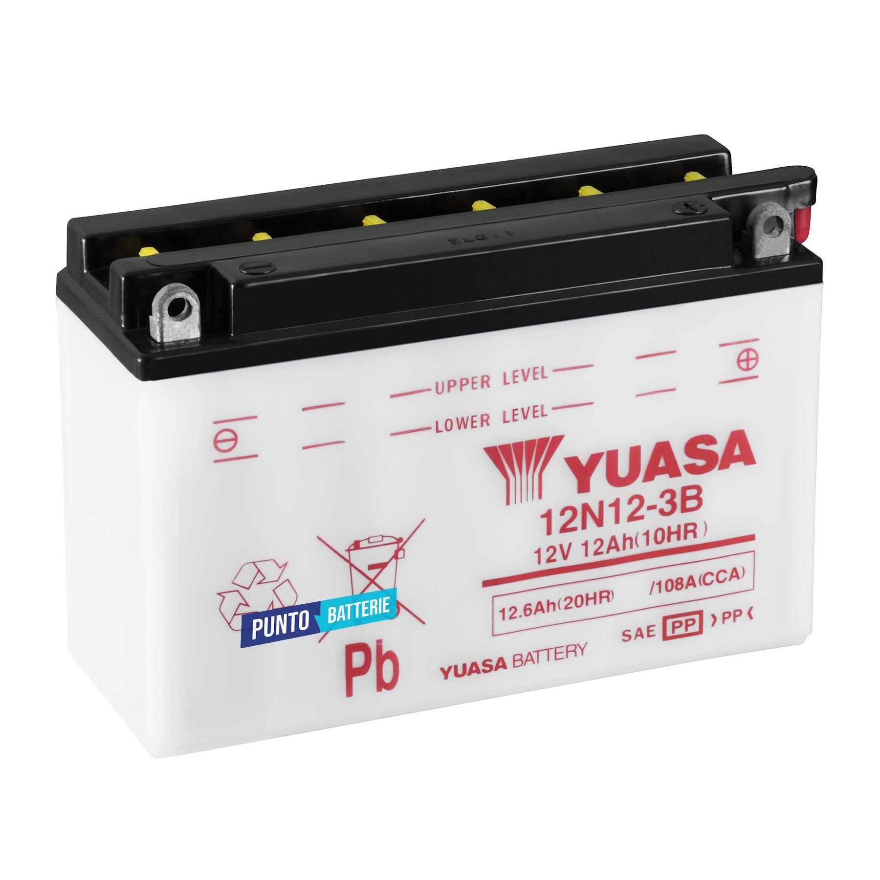 Batteria originale Yuasa Conventional 12N12-3B, dimensioni 202 x 76 x 134, polo positivo a destra, 12 volt, 12 amperora, 108 ampere. Batteria per moto, scooter e powersport.