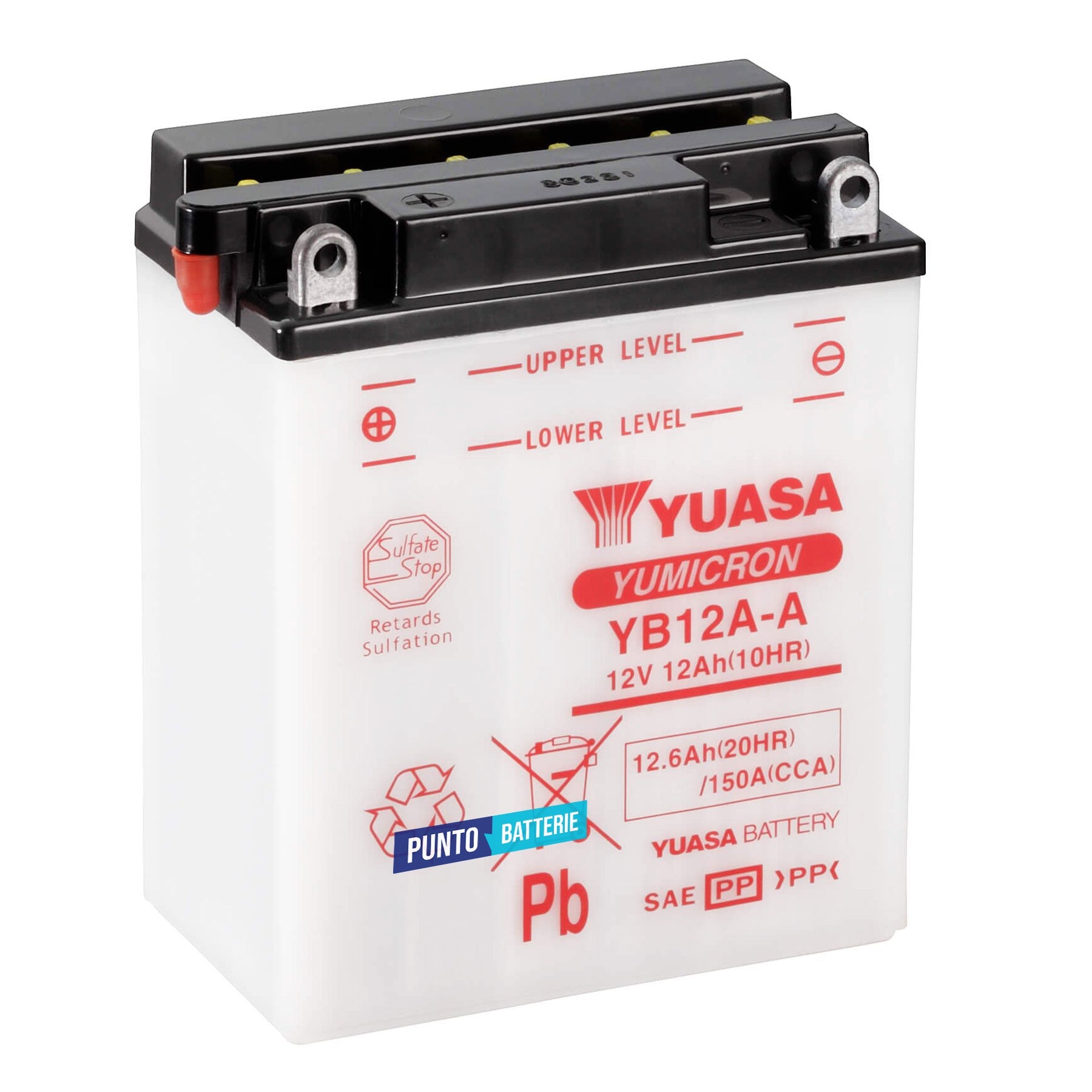 Batteria originale Yuasa YuMicron YB12A-A, dimensioni 134 x 80 x 160, polo positivo a sinistra, 12 volt, 12 amperora, 150 ampere. Batteria per moto, scooter e powersport.