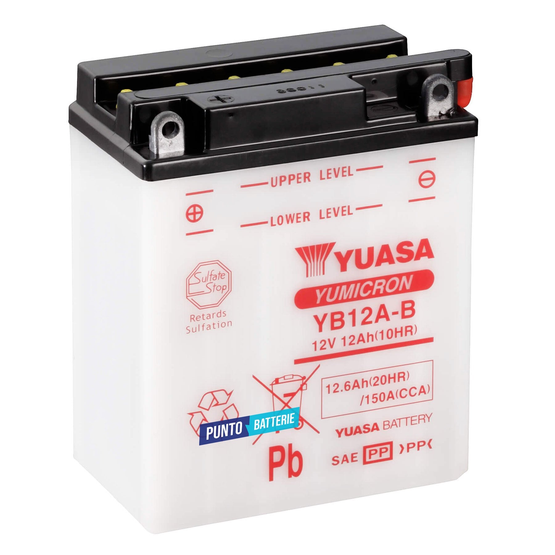 Batteria originale Yuasa YuMicron YB12A-B, dimensioni 134 x 80 x 160, polo positivo a sinistra, 12 volt, 12 amperora, 150 ampere. Batteria per moto, scooter e powersport.