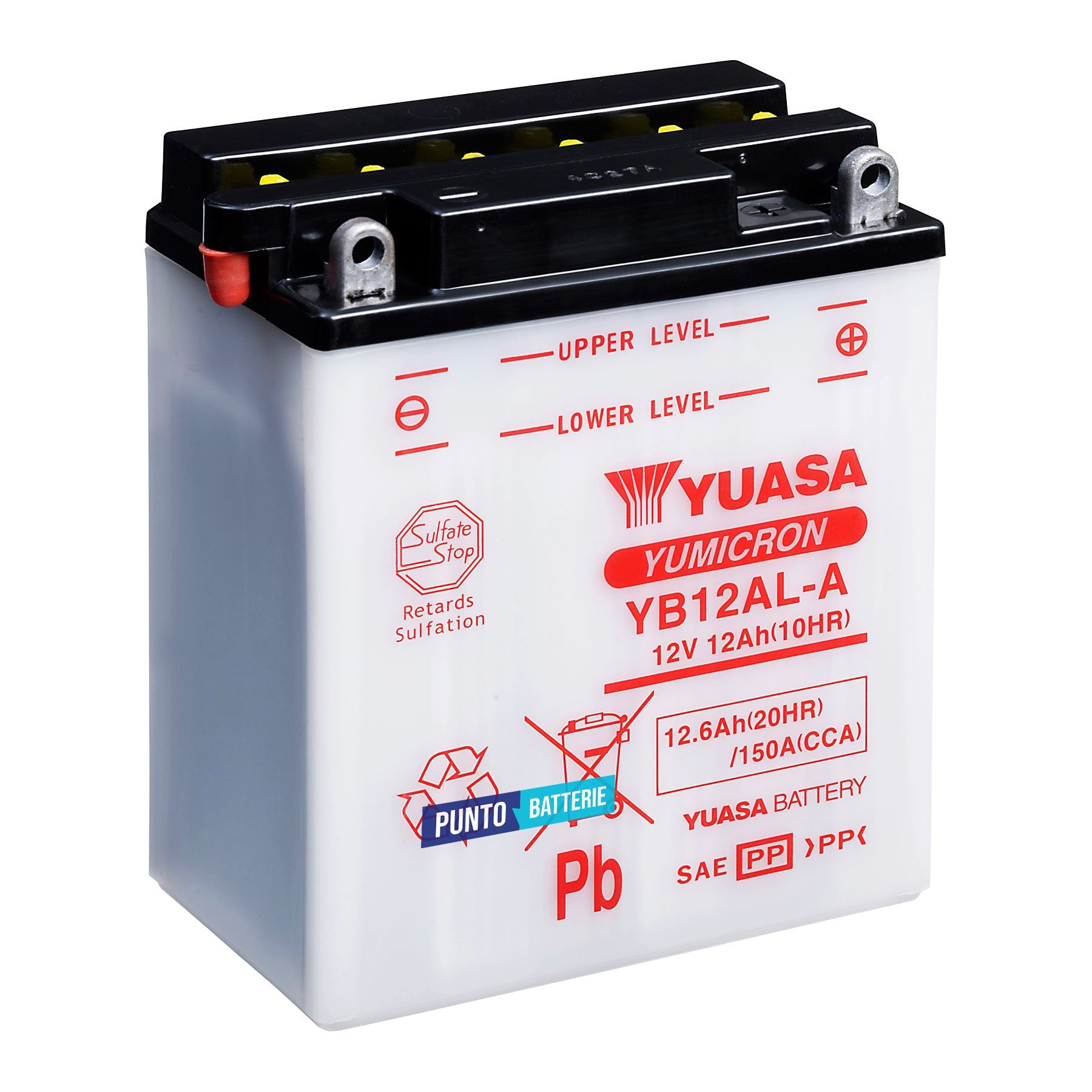Batteria originale Yuasa YuMicron YB12AL-A, dimensioni 136 x 82 x 162, polo positivo a destra, 12 volt, 12 amperora, 150 ampere. Batteria per moto, scooter e powersport.
