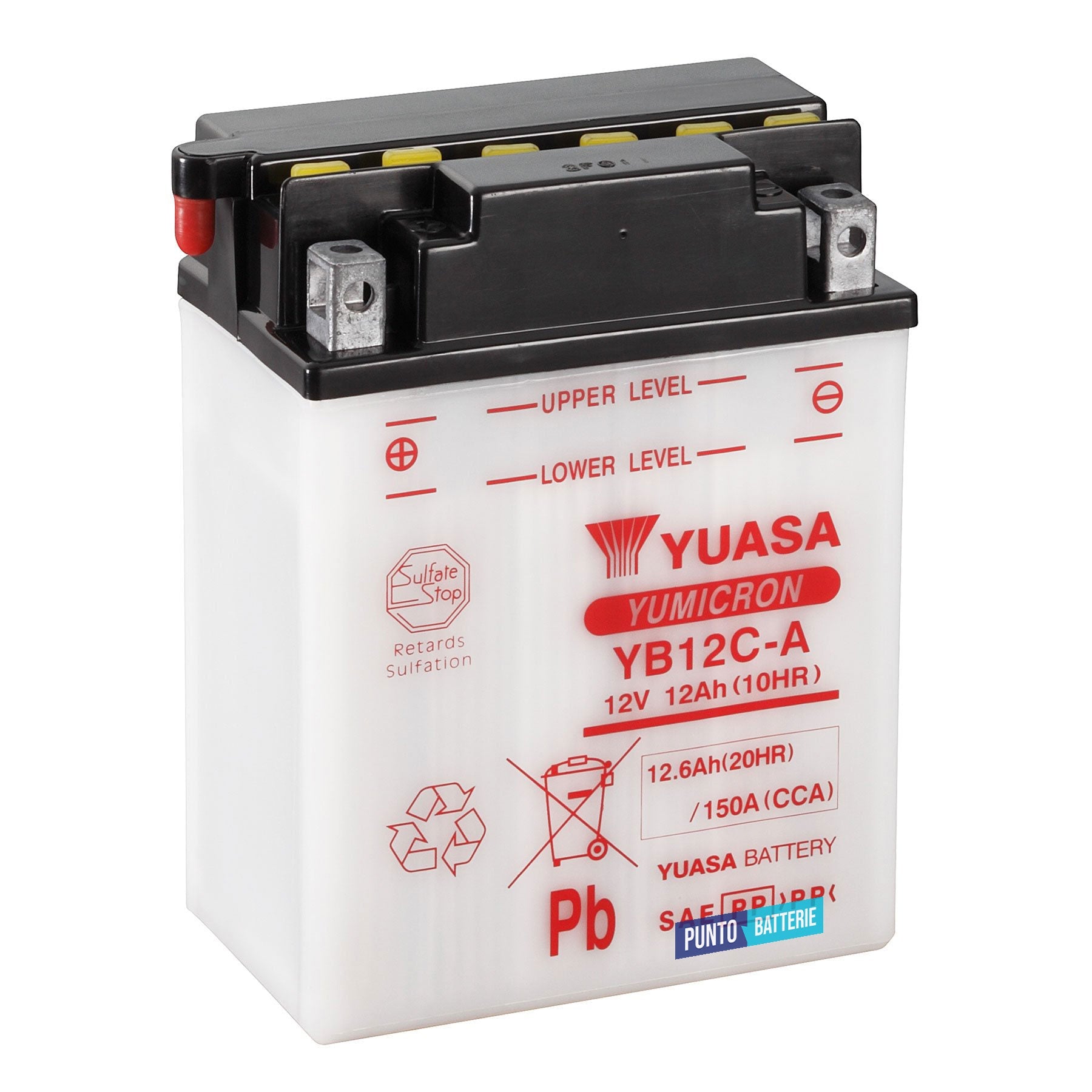 Batteria originale Yuasa YuMicron YB12C-A, dimensioni 134 x 80 x 175, polo positivo a sinistra, 12 volt, 12 amperora, 150 ampere. Batteria per moto, scooter e powersport.