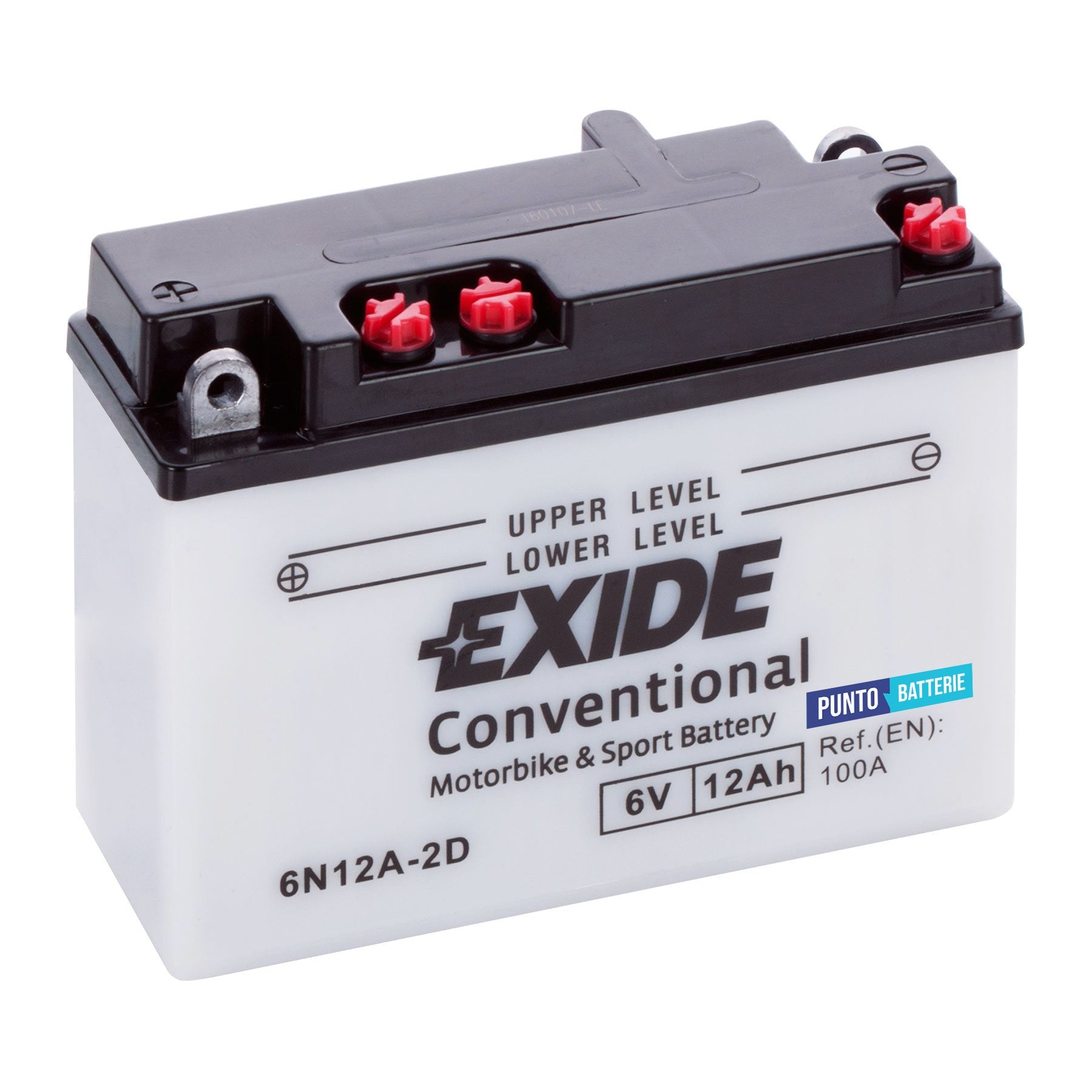 Batteria originale Exide Conventional 6N12A-2D, dimensioni 155 x 56 x 115, polo positivo a sinistra, 6 volt, 12 amperora, 100 ampere. Batteria per moto, scooter e powersport.