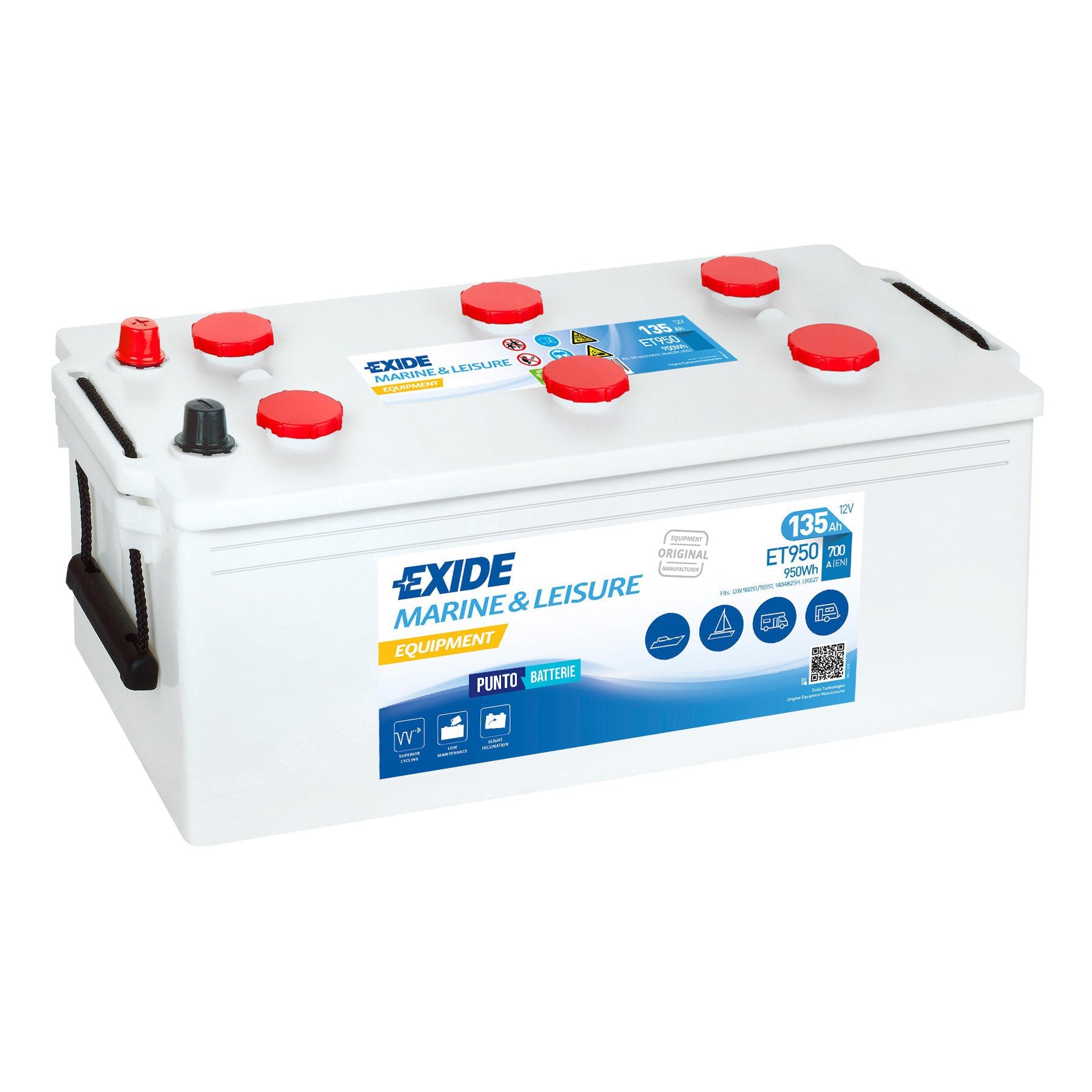 Batteria originale Exide Equipment ET950, dimensioni 513 x 189 x 223, 12 volt, 135 amperora. Batteria per servizi di camper, barca e applicazioni a scarica lenta.