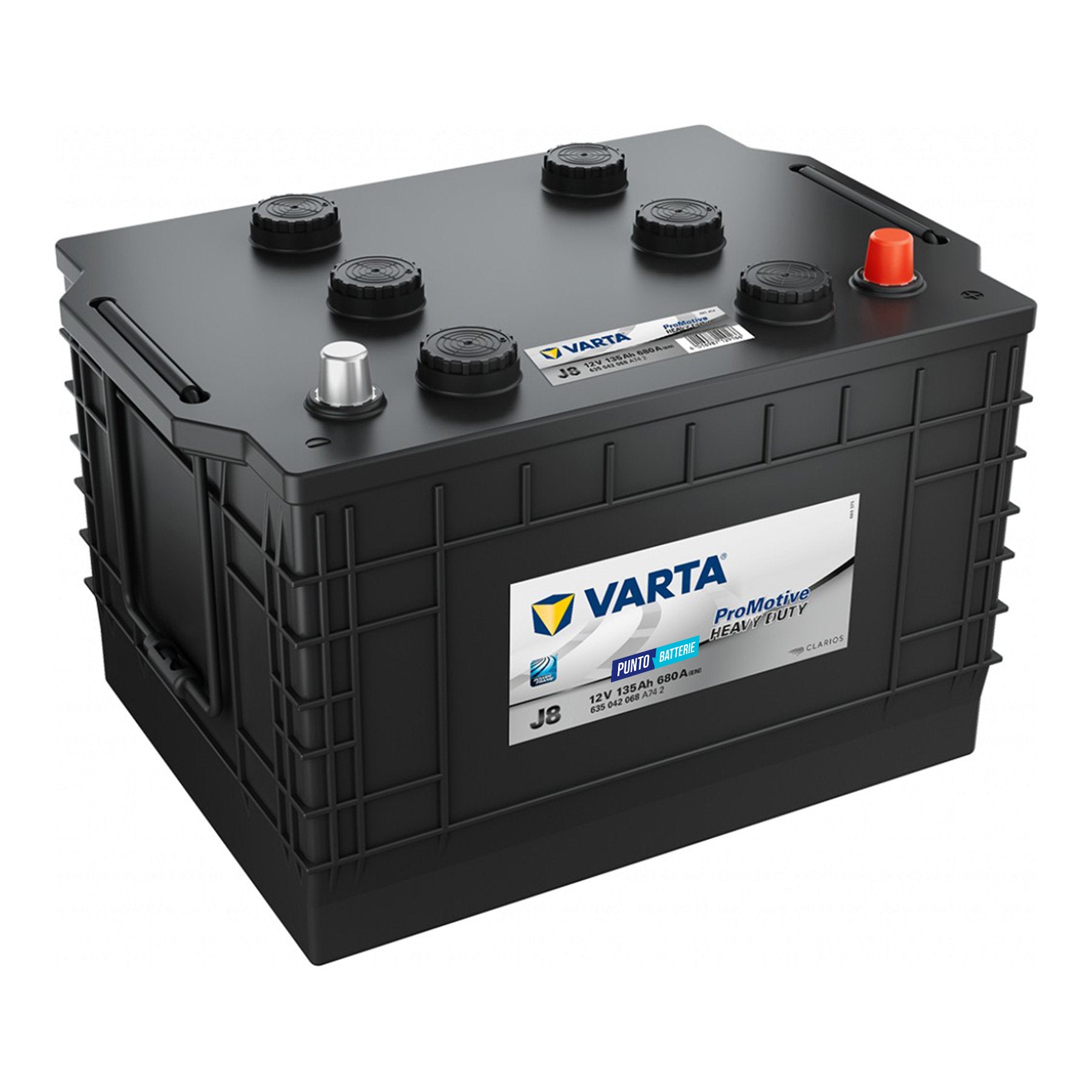Batteria originale Varta Promotive Heavy Duty J8, dimensioni 360 x 253 x 240, polo positivo a destra, 12 volt, 135 amperora, 680 ampere. Batteria per camion e veicoli pesanti.