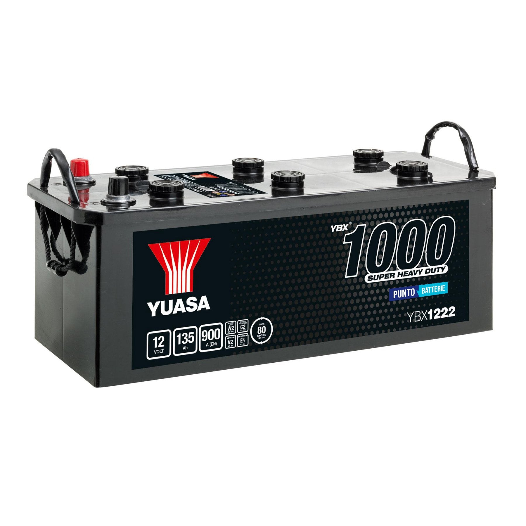 Batteria originale Yuasa YBX1000 YBX1222, dimensioni 510 x 216 x 210, polo positivo a sinistra, 12 volt, 135 amperora, 900 ampere. Batteria per camion e veicoli pesanti.