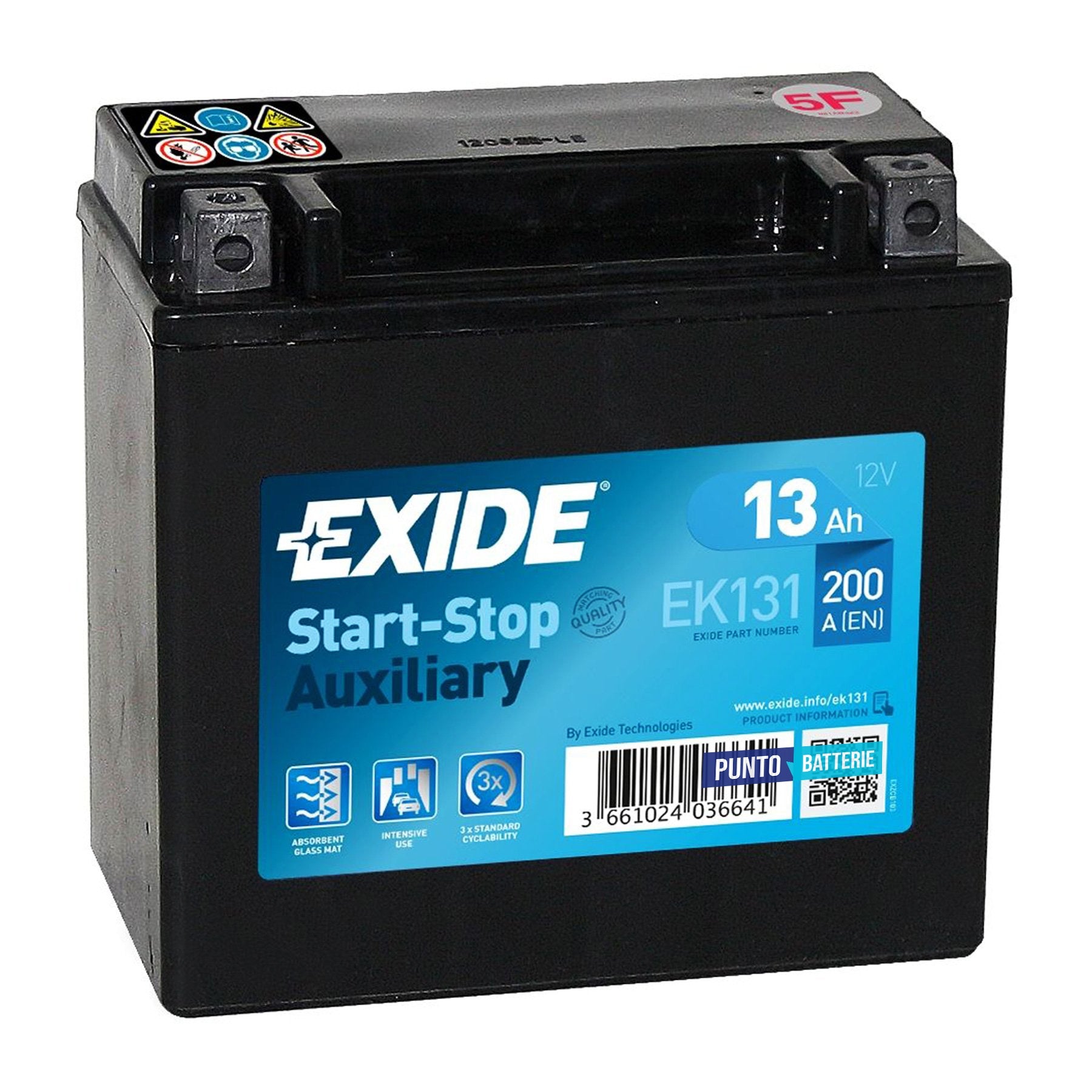 Batteria originale Exide Auxiliary EK131, dimensioni 150 x 90 x 145, polo positivo a sinistra, 12 volt, 13 amperora, 200 ampere, AGM. Batteria ausiliaria per auto e veicoli leggeri con start e stop.
