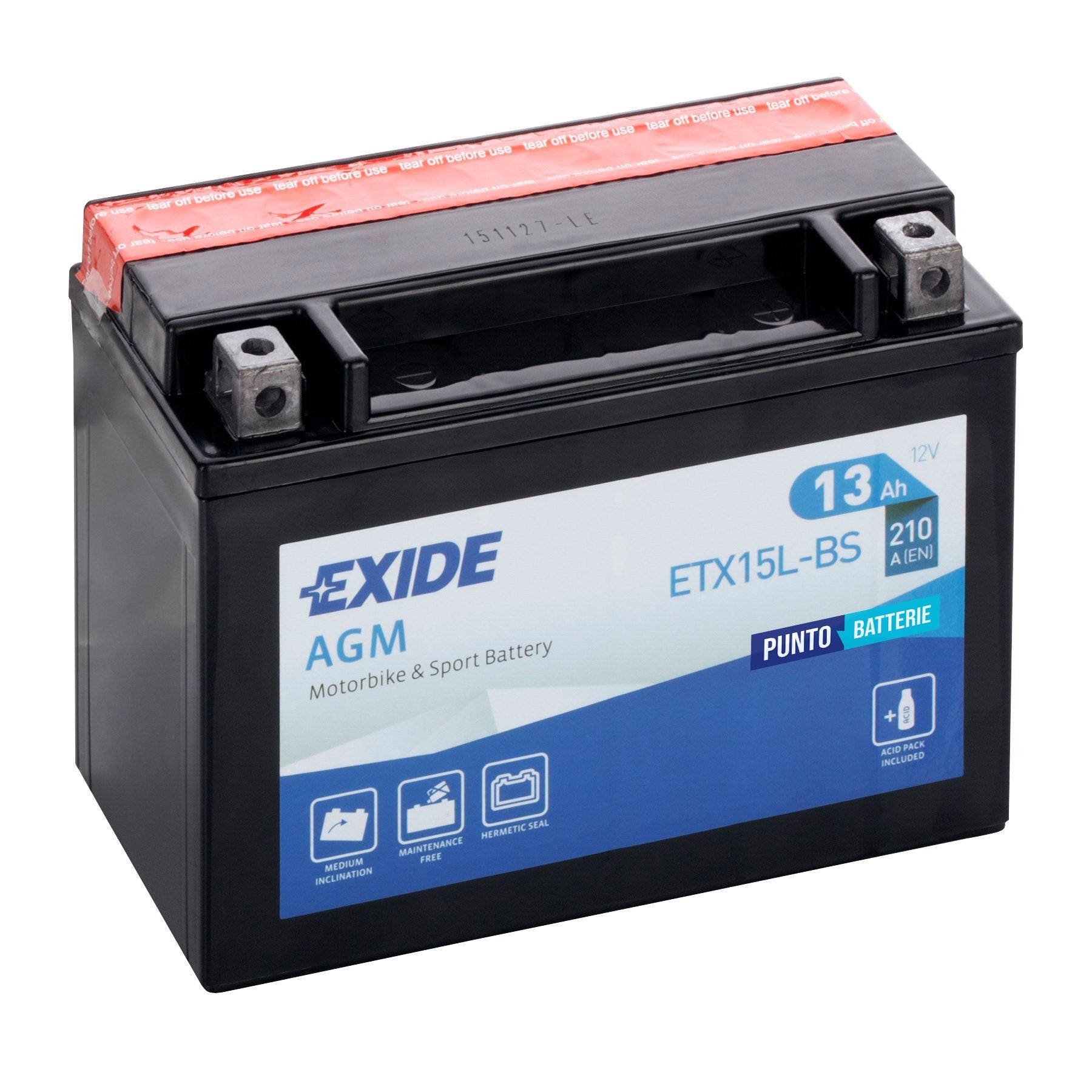 Batteria originale Exide AGM ETX15L-BS, dimensioni 175 x 87 x 130, polo positivo a destra, 12 volt, 13 amperora, 210 ampere. Batteria per moto, scooter e powersport.